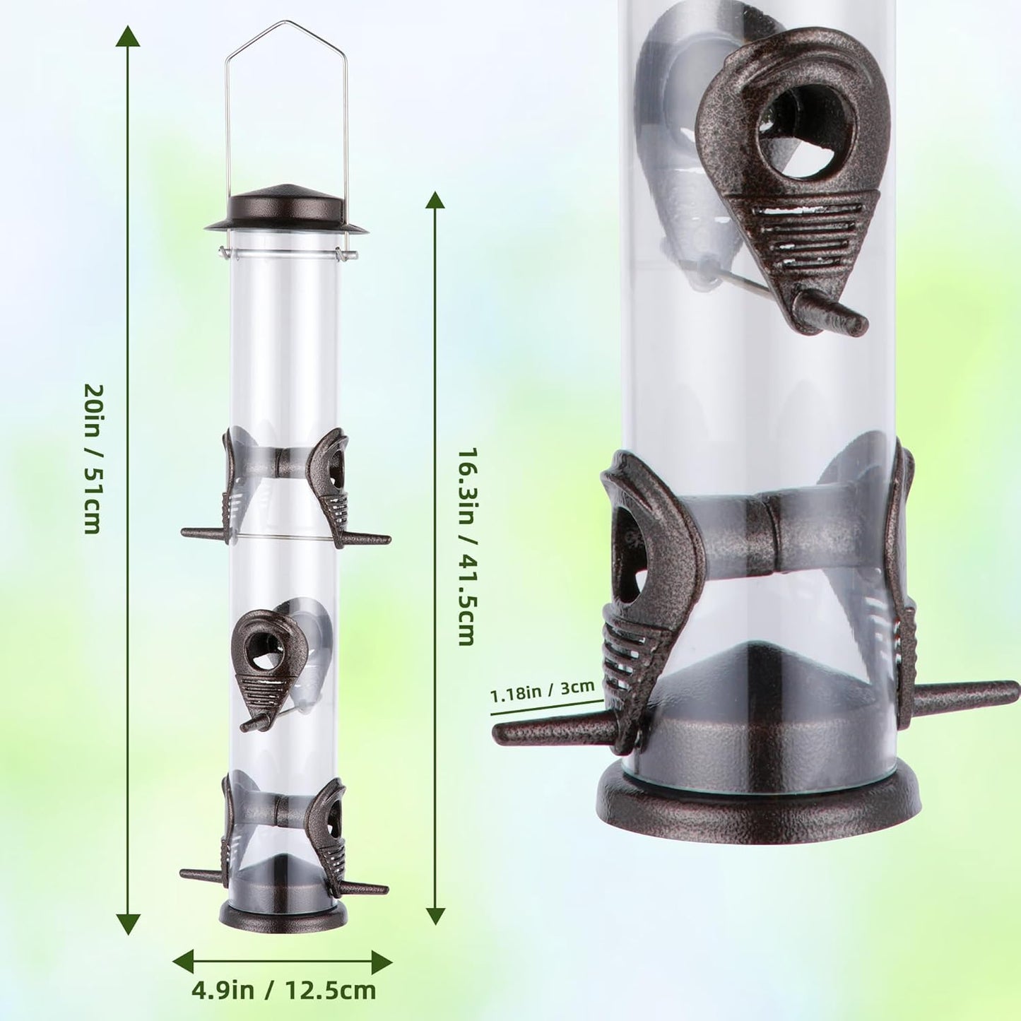 MIXXIDEA 1PK Metal Bird Feeders with 6 Feeding Ports,Tube Bird Feeder with Steel Hanger,Hard Plastic Wild Bird Feeder for Outdoors Hanging, Attracting Birds in Your Lawn, Garden, Balcony–Coffee