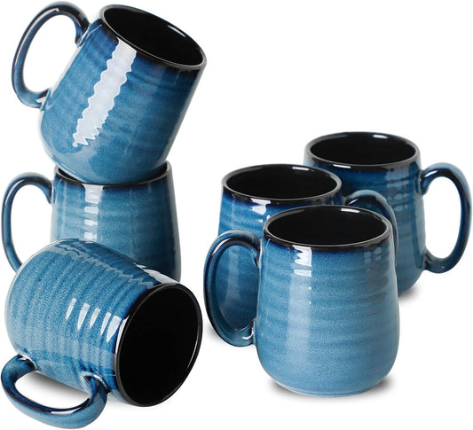 Hasense Porcelain Coffee Mugs Set of 6, 15 Ounce Large Ceramic Coffee Cups Set with Handle for Latte, Tea, Cocoa and Hot Chocolate, Blue Coffee Mugs for Men and Women, Microwave Safe