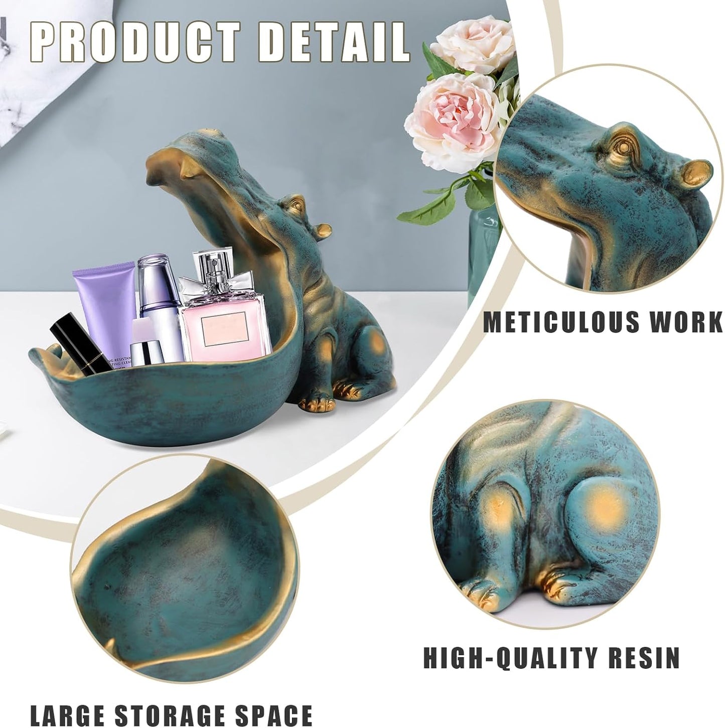 aboxoo Hippo Statue,Large Hippopotamus Figurine Home Sculpture with Resin, Hippo Candy Jar, Candy Dish Bowl for Office Desk, Key Bowl for Entryway Table,Container Storage Art Decor Box(Dark Blue)