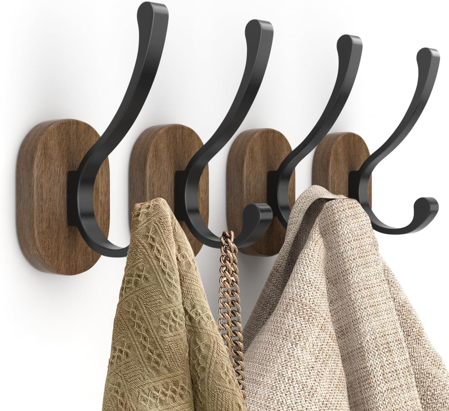 Wall Hooks for Hanging Coats - 4 Pack Coat Hooks Wall Mounted, Wood Coat Hooks for Wall, Bussdis Single Metal Hooks for Hanging Hats, Keys, Towel, Robe, Purse, Jackets, Decorative Livingroom, Bathroom