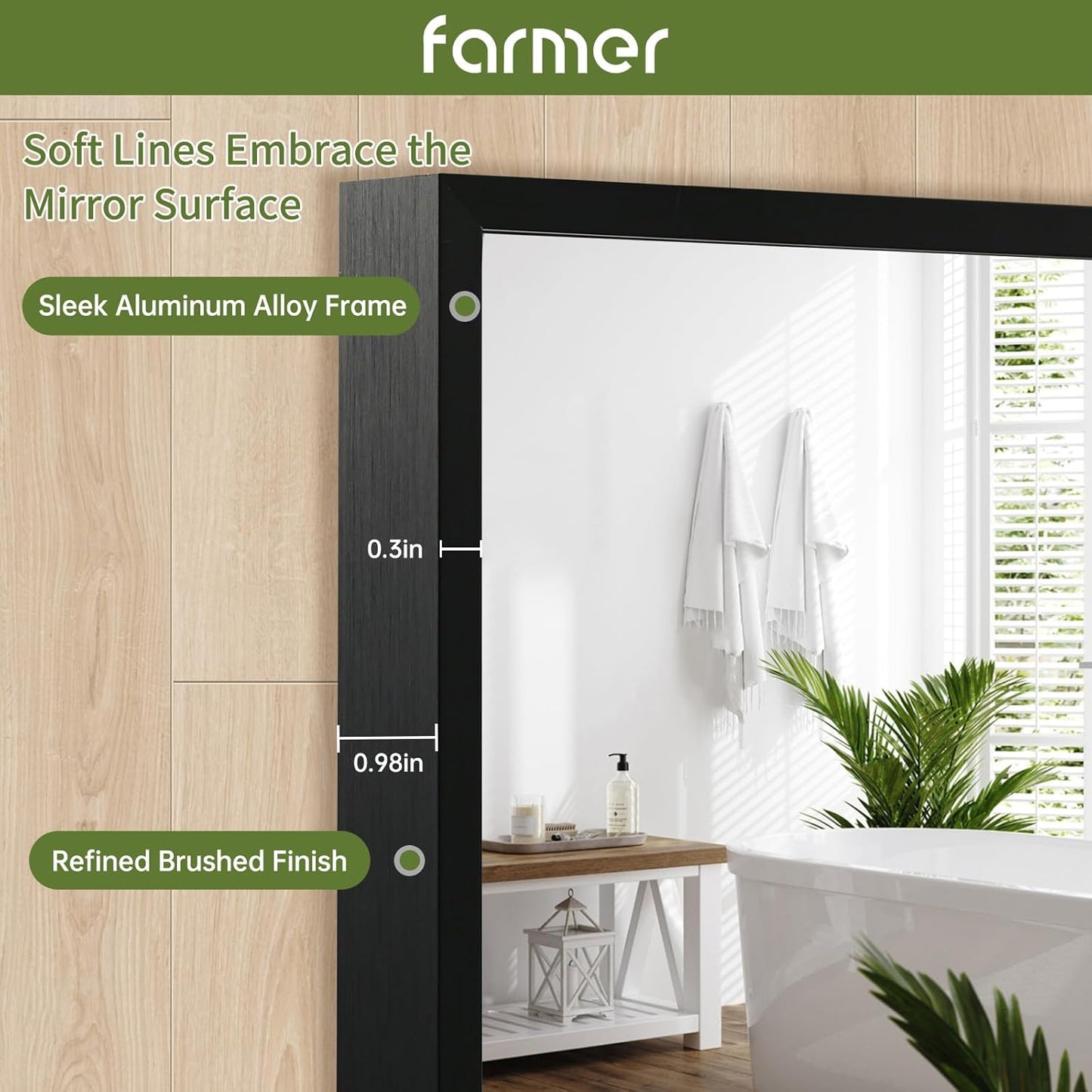 FARMER 22x30 Inch Black Bathroom Mirror, Rectangle Wall Mounted Mirror, Vanity Mirror, Brushed Square Mirror, Framed Bathroom Mirror for Bedrooms, Entryways, Living Rooms, Horizontal/Vertical