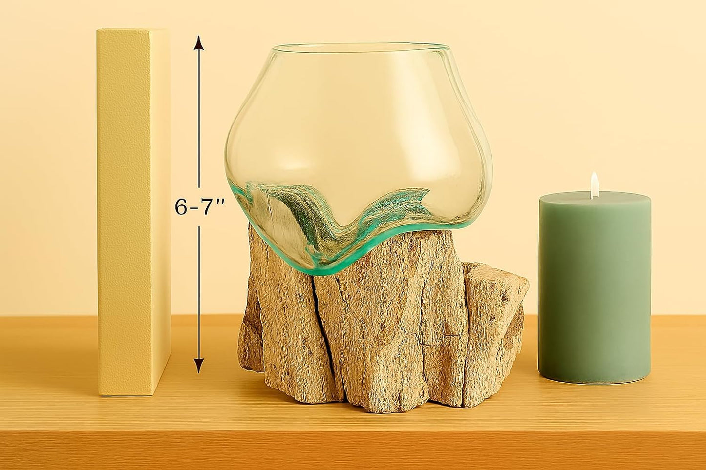 OMA Molten Glass on Driftwood – Hand Blown Vase, Terrarium, or Planter for Coastal & Boho Home Décor Centerpieces (6" - 7" High)