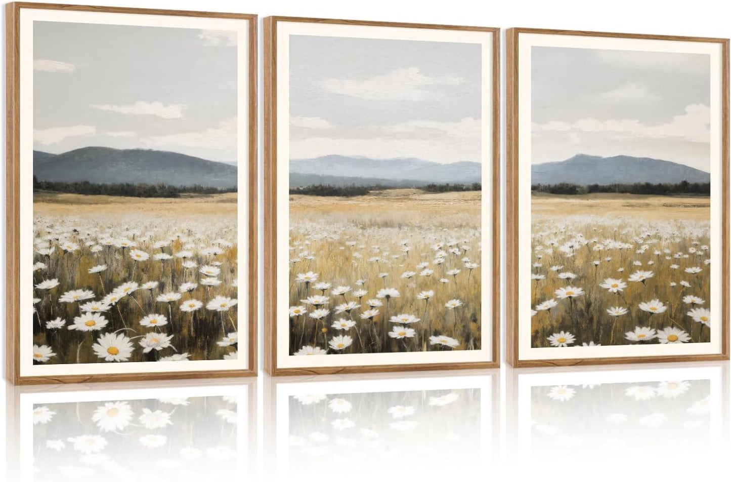 HPNIUB Flowers Wall Art Canvas White Daisy Floral Painting, Rustic Field Landscape Picture, Modern Framed Artwork for Living Room Bedroom Bathroom Dinning Room Office Home Decor Gifts-16 x24 x3