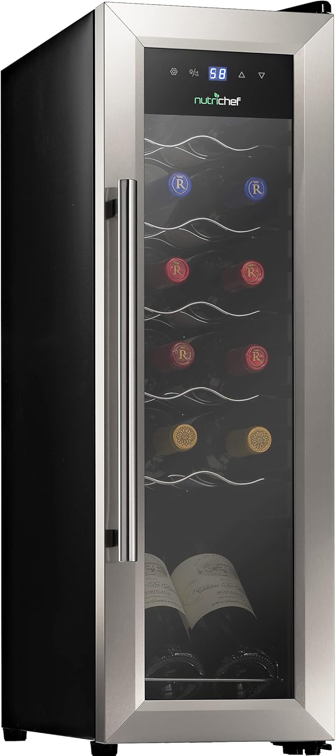 NutriChef PKCWC12 12 Bottle Cooler Refrigerator White and Red Countertop Chiller, Freestanding Compact Mini Wine Fridge with Digital Control, Stainless Steel
