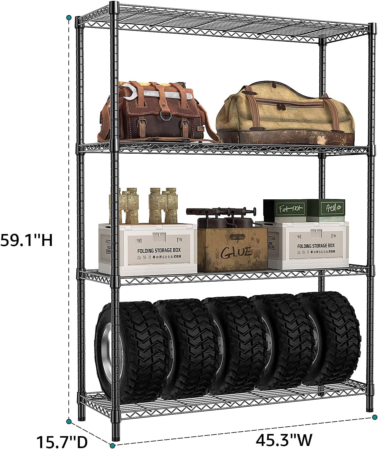 IZEUK 1400 LBS Garage Black Shelving Wide Storage Shelves 4 Tier Adjustable Heavy Duty Metal Wire Rack Standing Shelf Unit for Kitchen Office College Dorm Garage Warehouse 15.8" x 45.8"x 59.4"