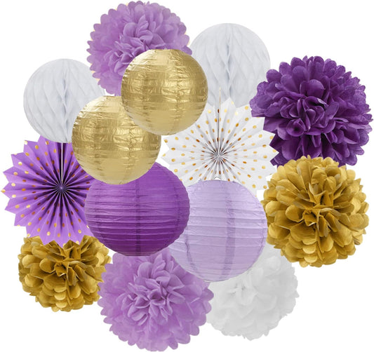 Purple-Gold Party Decorations Streamers Lanterns - 14pcs White Lavender Paper Fan Graduation Woman Birthday Wedding Bridal Shower Tissue Pom Poms,Honeycomb Balls Decor Ouruola
