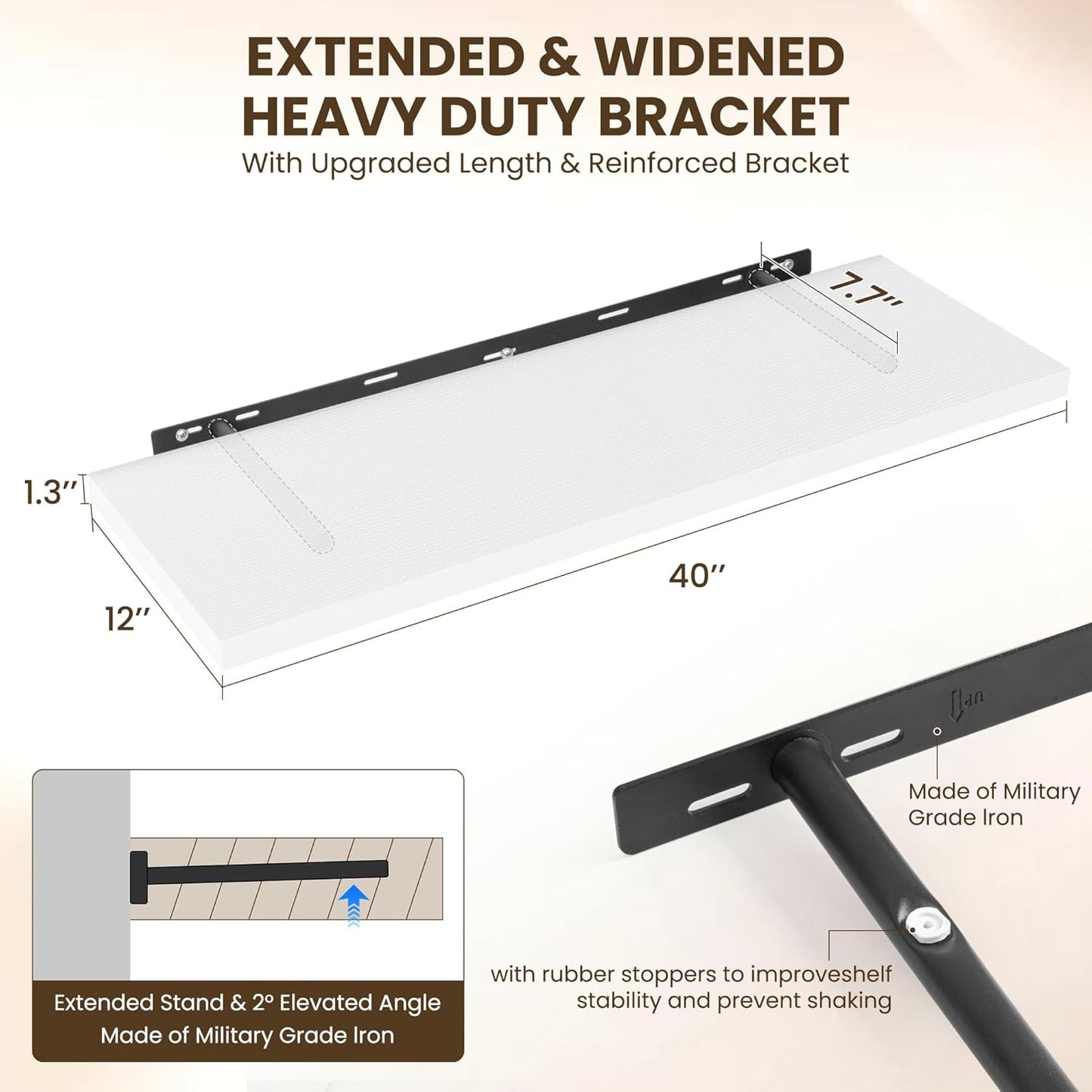 40" Floating Shelves for Wall, 12" Deep Slim White Floating Shelves, Wall-Mounted Shelves for Bedroom, Living Room, Kitchen, Bathroom - Set of 2