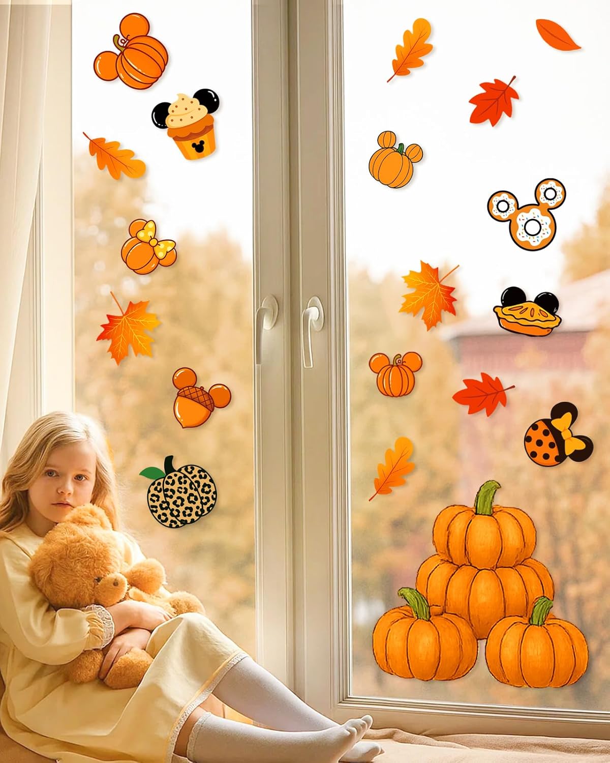 Fall Window Clings - 9 Sheets 149 Pcs Fall Decorations for Autumn Thanksgiving Harvest Home Party, Pumpkin Leaves Car Maple Castle Acorns Stickers for Glass, Double-Sided Static Window Decals