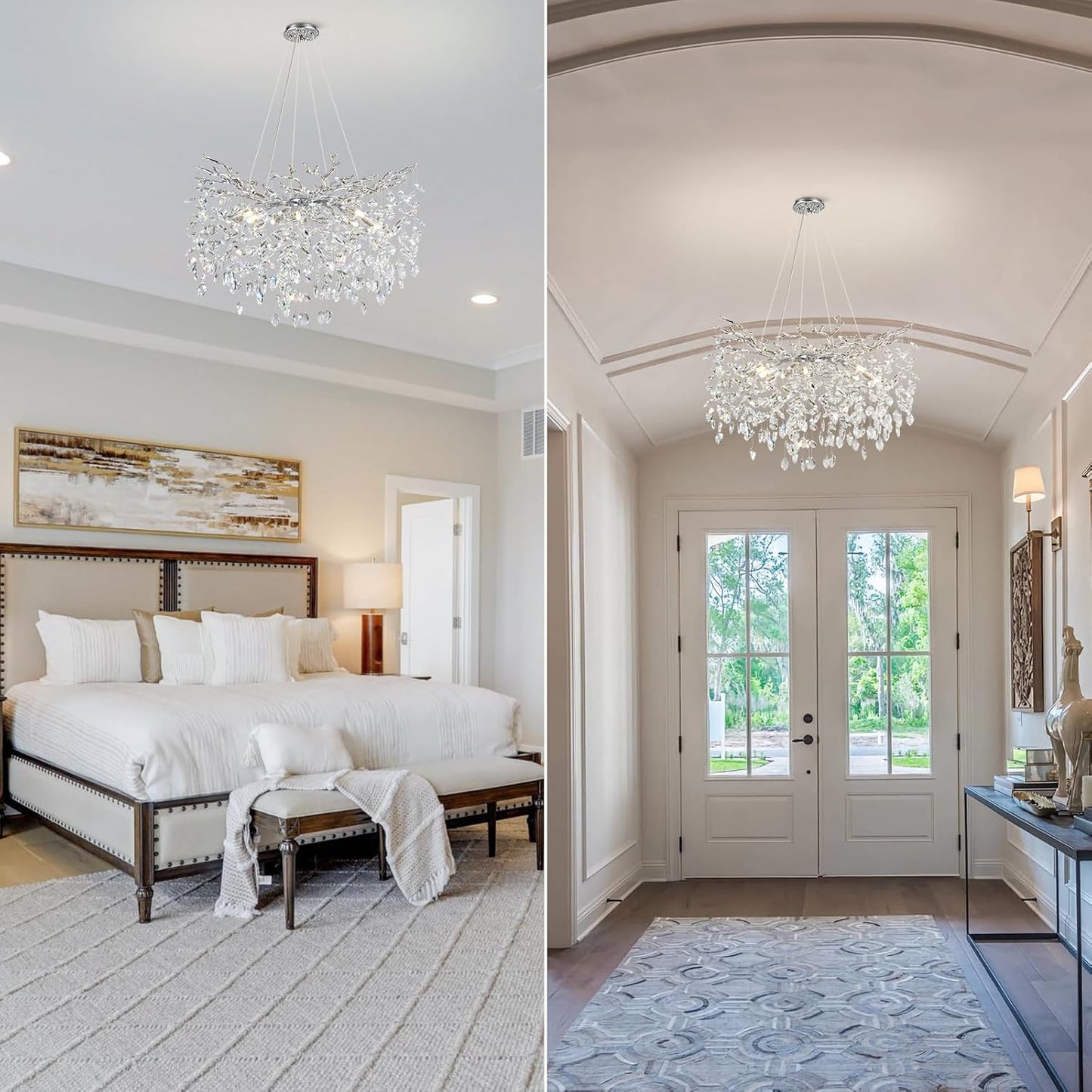 Modern Round Crystal Chandeliers, 30" Crystal Chandeliers for Dining Room,Silver Tree Branches Chandelier, for Living Room,High Ceiling,Foyer,Entryway,Kitchen Island