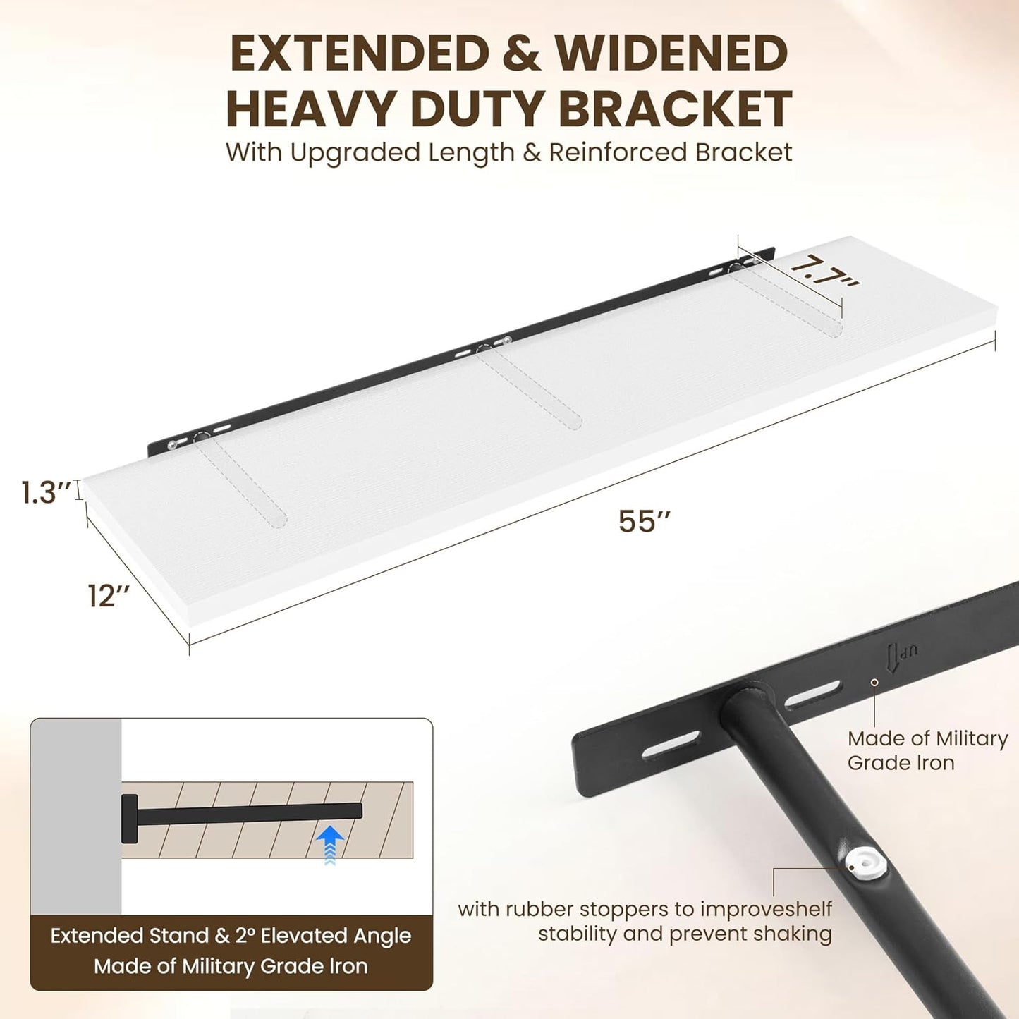 55" Floating Shelves for Wall, 12" Deep Slim White Floating Shelves, Wall-Mounted Shelves for Bedroom, Living Room, Kitchen, Bathroom - Set of 2