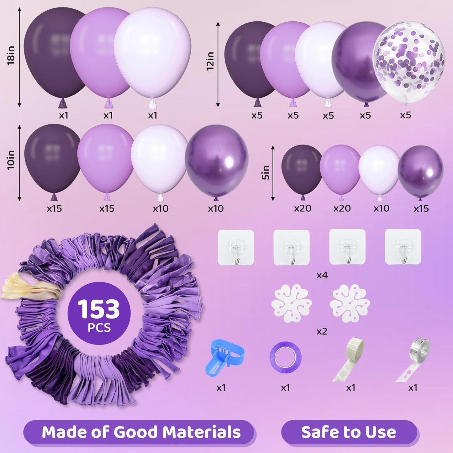 Amandir 153pcs Purple Balloon Garland Arch Kit, Different Sizes 18 12 10 5 inch Lavender Latex Metallic Confetti Purple Balloons for Girls Women Wedding Birthday Baby Shower Party Decorations Supplies