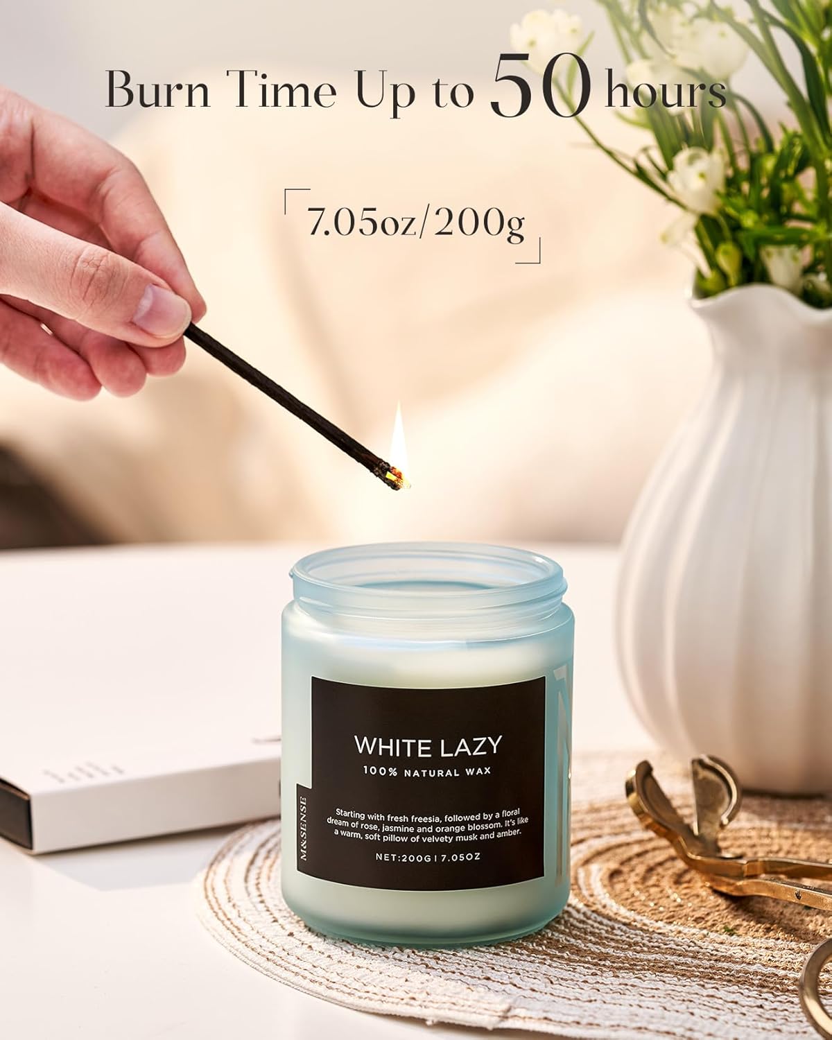 M&SENSE White Lazy - Clean Cotton & Jasmine Scented Natural Soy Wax Jar Candles for Home Decor 7.05oz 50 Hour Long Lasting Burning, Non Toxic Organic Natural Relaxing Candle for Women