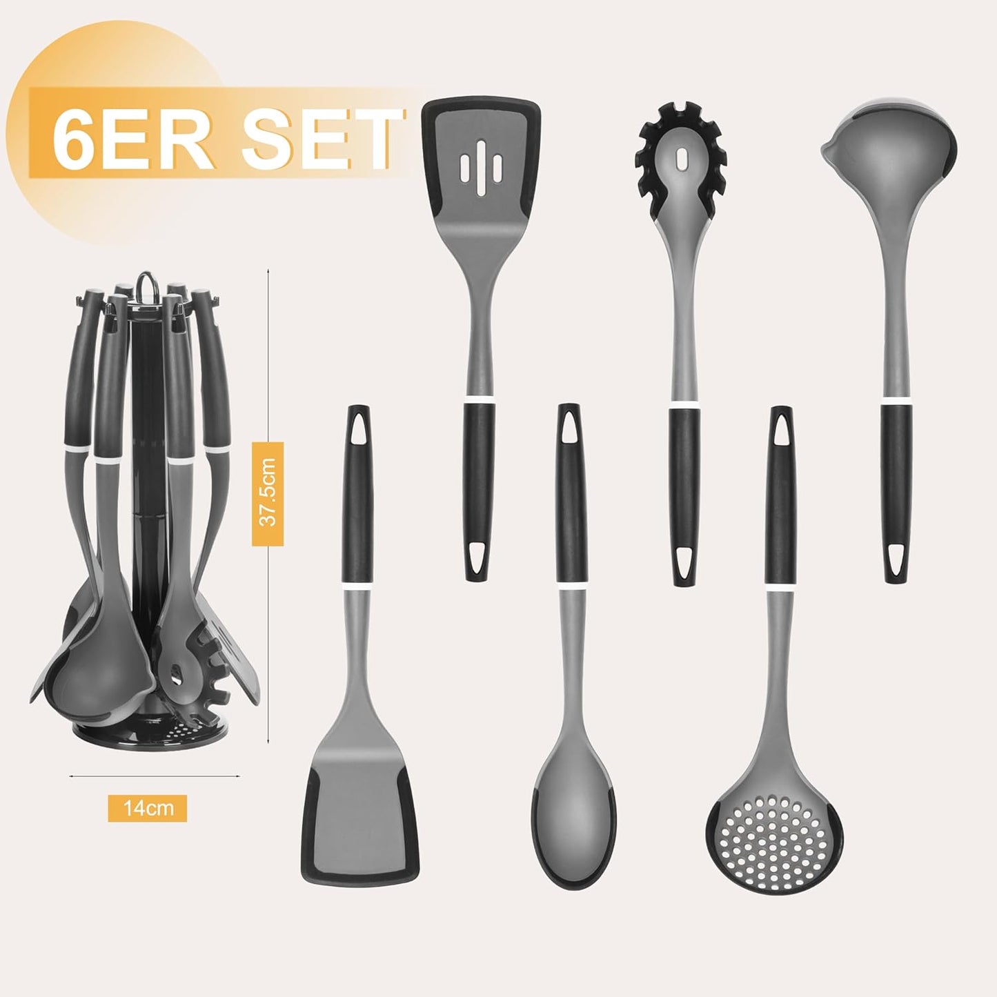 6-Piece Silicone Kitchen Utensil Set with Rotating Stand, Non-Stick, Heat-Resistant (400°F), Nylon Handle, Cooking Spatula Set for Baking & Cooking, Light Gray