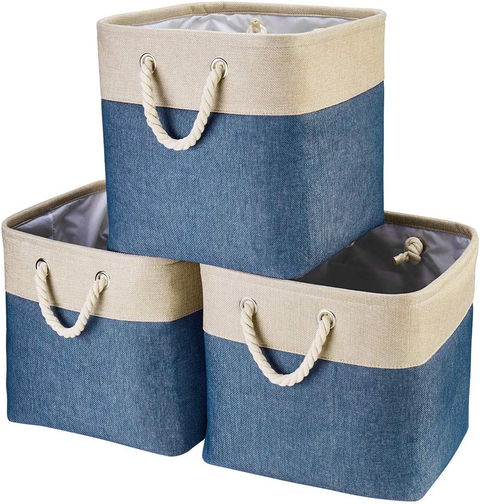 i BKGOO 3Pack Large Foldable Storage Bins，Collapsible Sturdy Cationic Fabric Organizing Storage Basket Cube with Cotton Handles for Home Office Shelf Clothes Toys Khaki-Blue 13×13×13 inch
