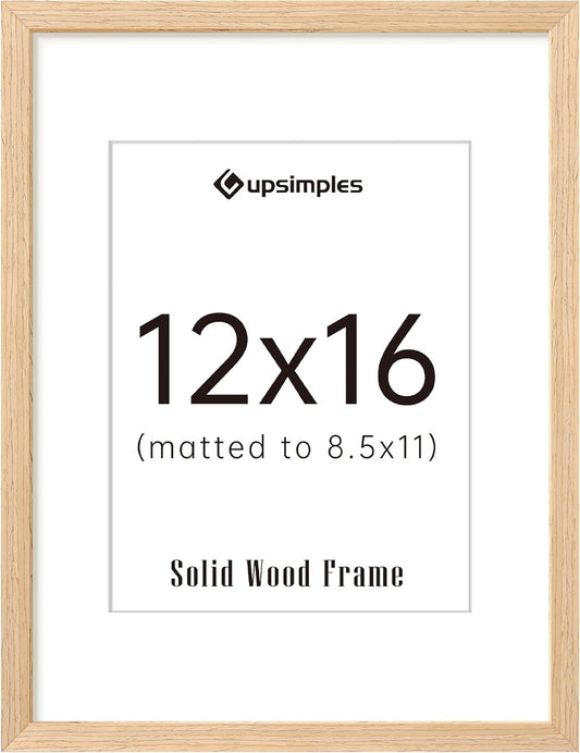 upsimples 12x16 Frame, Natural Solid Wood Picture Frames, Display 8.5x11 with Mat or 12 x 16 Without, Vertical & Horizontal Wall Hanging, 1 Pack, Natural