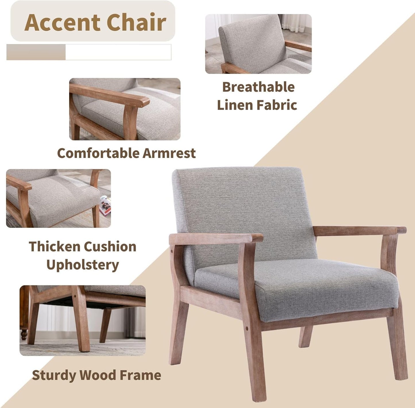 HNY Mid Century Armchair with Hardwood Frames, Linen Upholstered Living Room Chair, for Living Room Bedroom, Light Grey