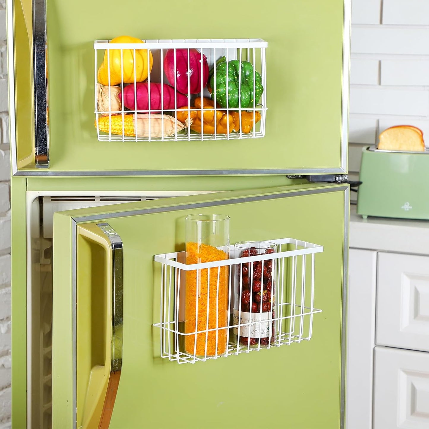 3 Pcs Magnetic or Adhesive Refrigerator Organizer Magnetic Baskets Kitchen Holder for Refrigerator Metal Shelf Rack Storage with 2 Types of Installation(White)