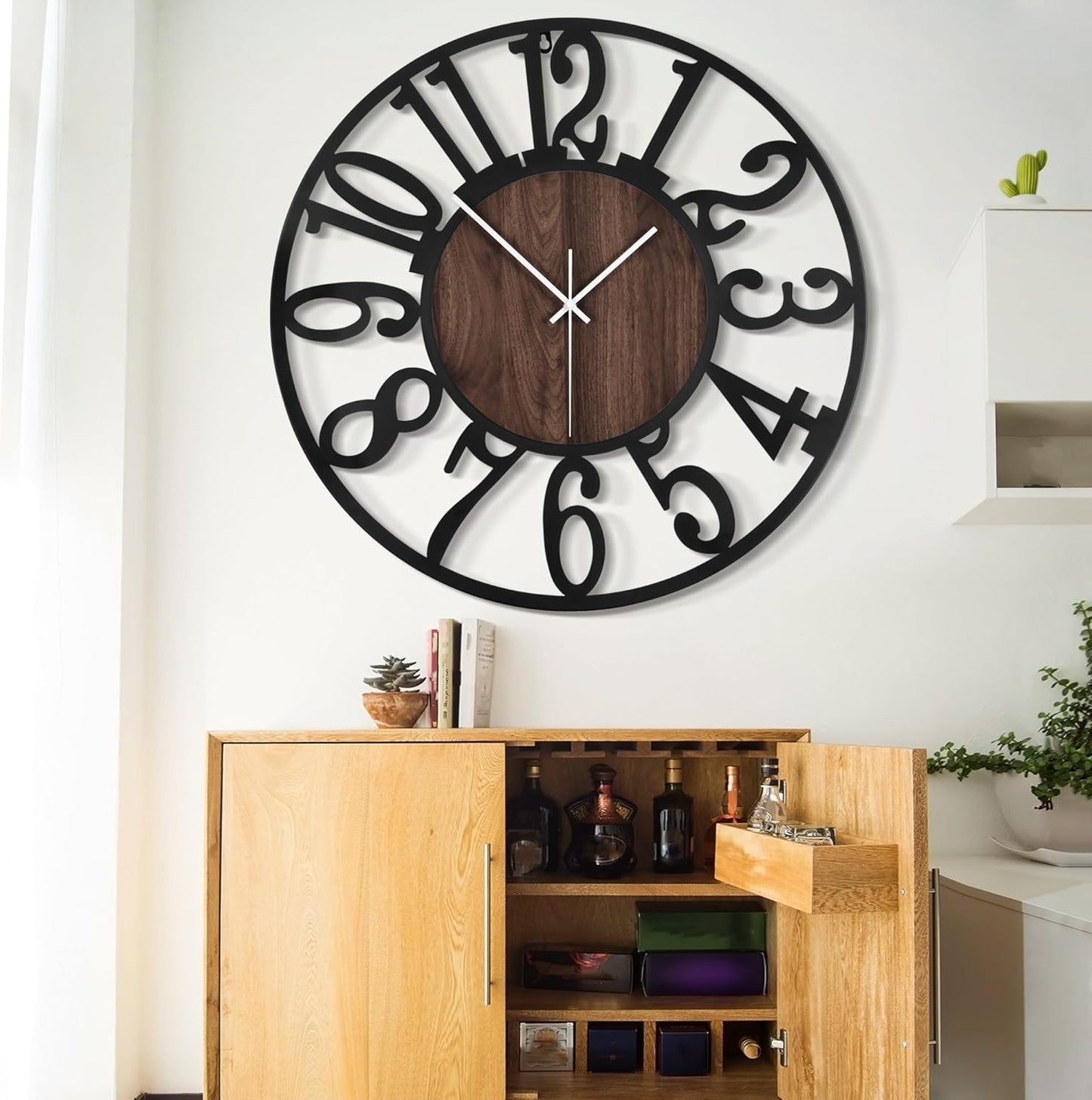 LEIKE 32" Oversized Large Wall Clocks,Silent,Non Ticking,Battery Operated Modern Round Big Wood Decorative Metal Wall Clock for Living Room, Bedroom,Kitchen,Farmhouse,Office Decor - Black,32 Inch