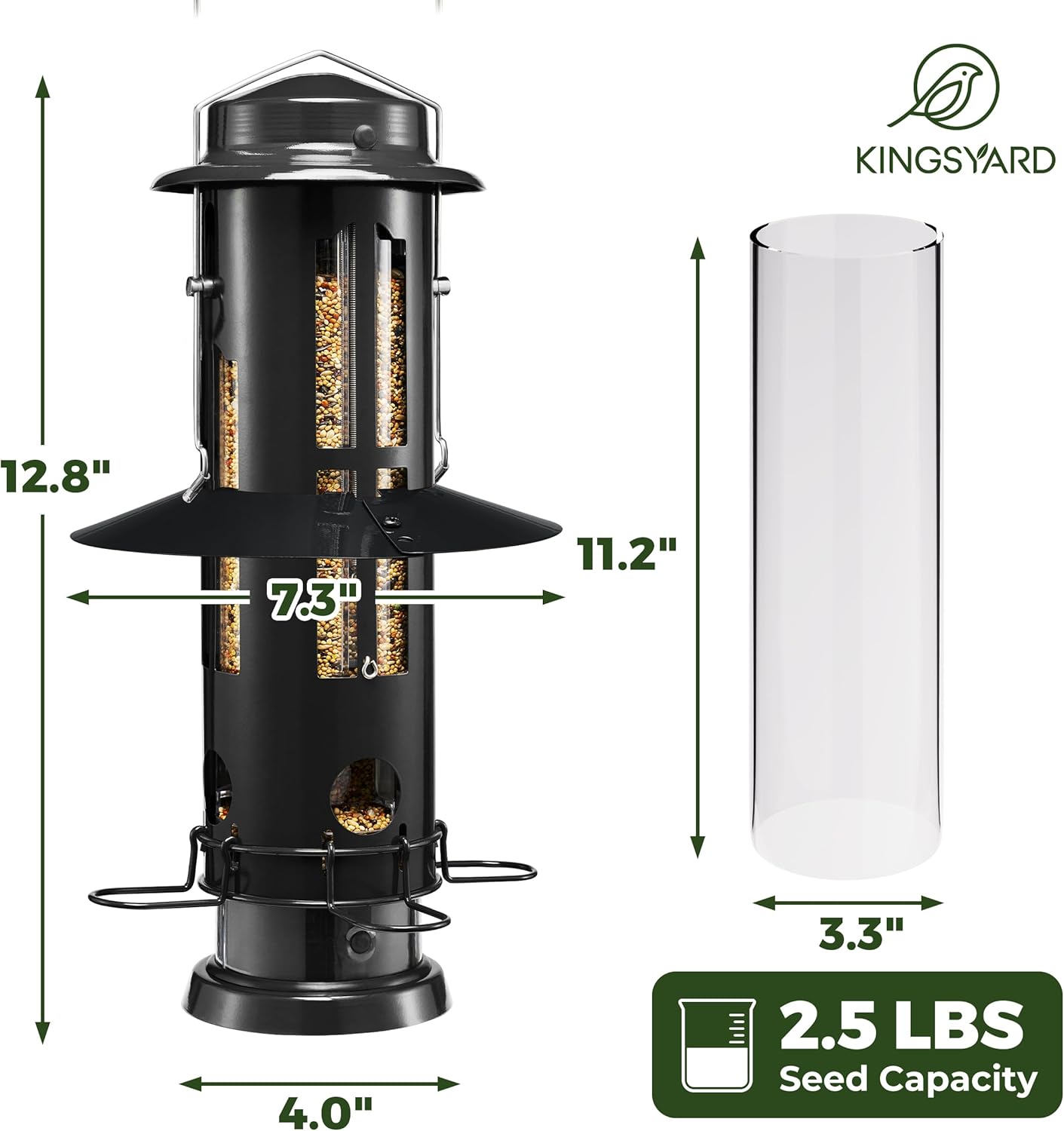 Kingsyard Squirrel Proof Bird Feeder with Removable Base, All Metal, Tube Bird Feeders for Outdoors Hanging, Easy to Clean & Refill, Black