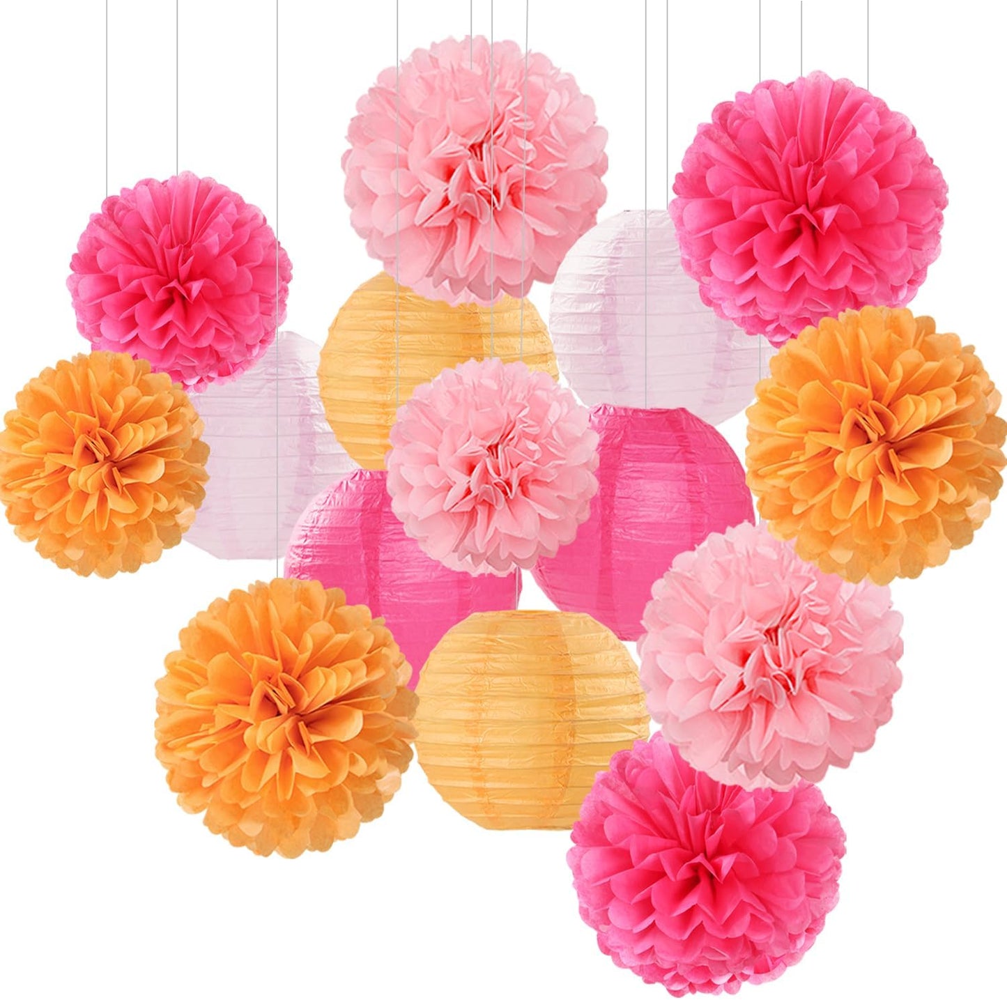 Pink-Orange Party-Decorations Paper-Flowers Lanterns - 15PCS Fall Wedding Birthday Tissue Pom Poms Streamers, Boho Baby Bridal Shower Graduation Sunset Hanging Supplies Decor Hugfond
