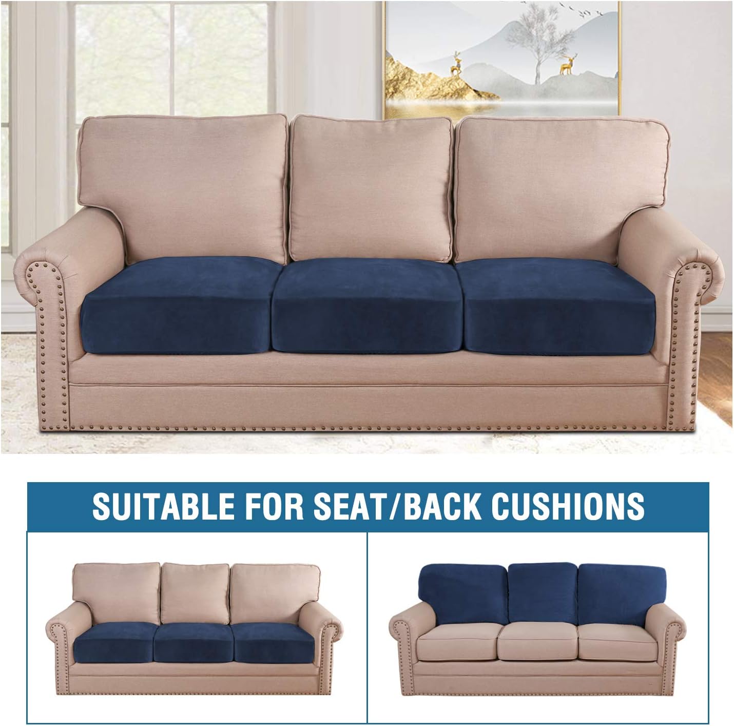 H.VERSAILTEX Velvet Stretch Couch Cushion Cover Plush Cushion Slipcover for Chair Loveseat Sofa Cushion Furniture Protector Seat Cushion Sofa Cover (3 Piece XL Sofa Cushion Covers, Navy)
