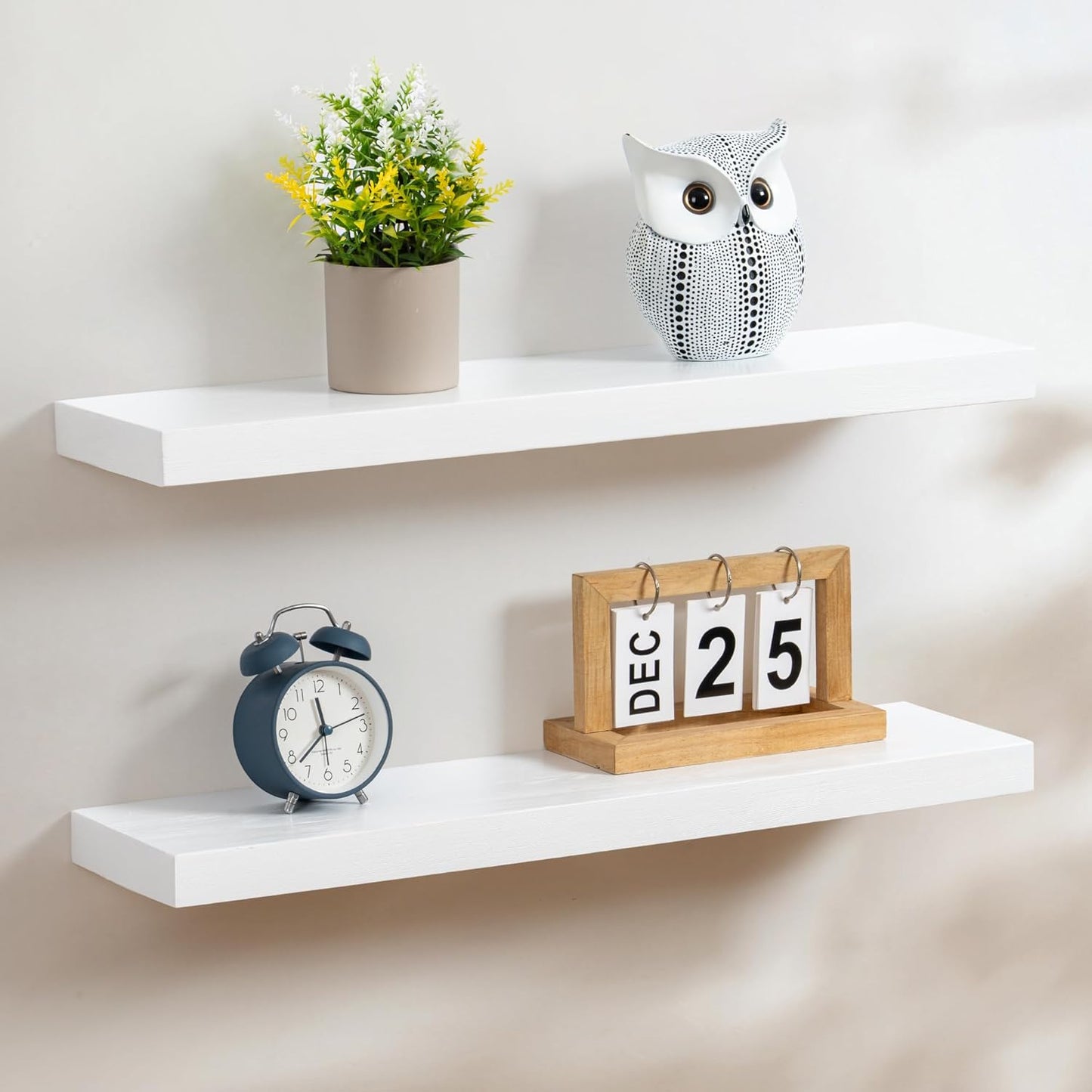 Fun Memories Handcrafted European Pine Floating Shelves - Natural Rustic Wooden Wall Shelf Set of 2-24 Inch Storage Shelf Display Shelf for Kitchen Bathroom Living Room Bedroom Farmhouse - White