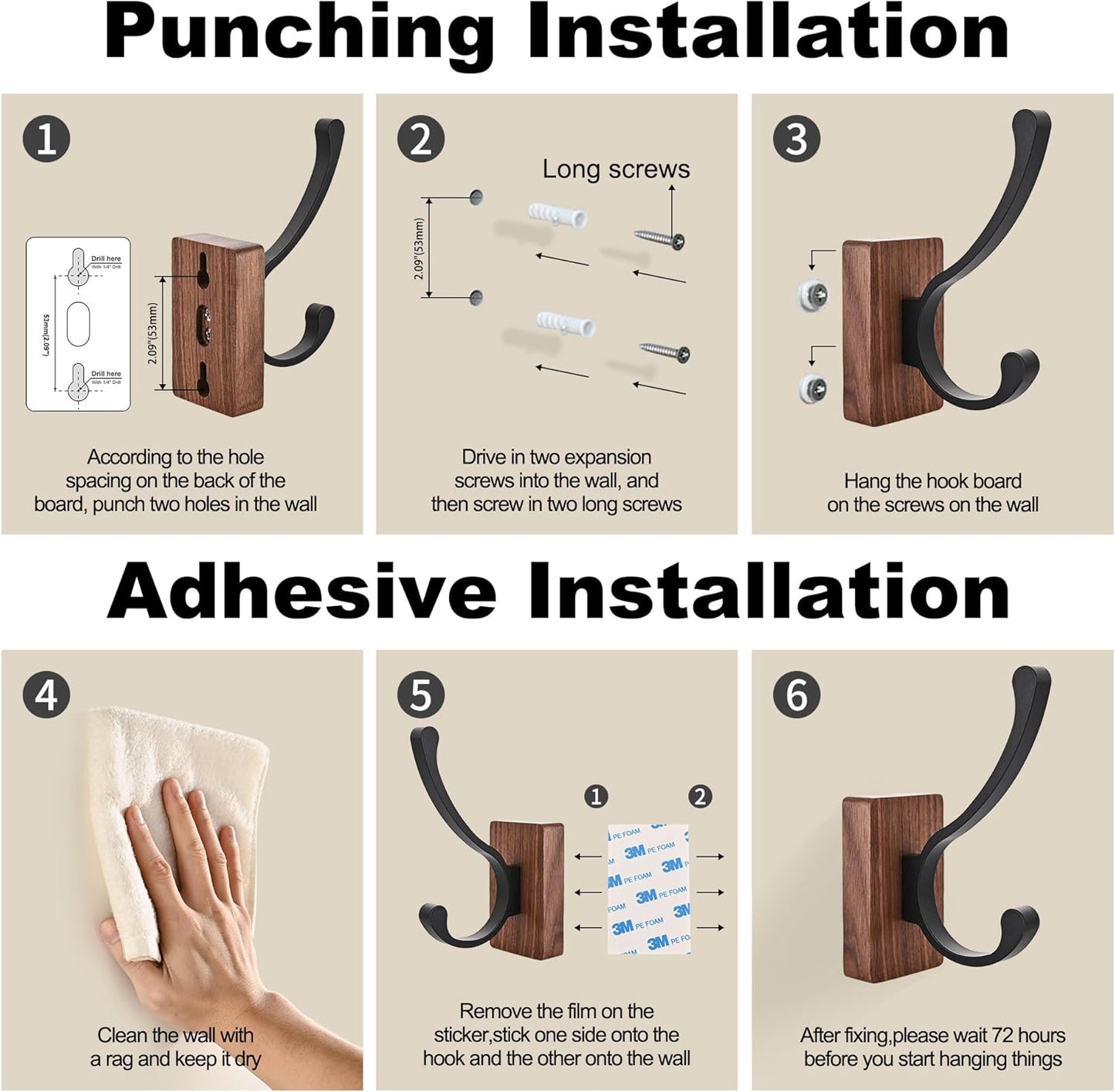 6 Pack Wooden Wall Hooks for Hanging, Adhesive Mounted & Wall Mount Nature Wood Coat Hooks for Towel Clothes Blanket Hat Backpack Robe Nursery Door Board Entryway Key Holder