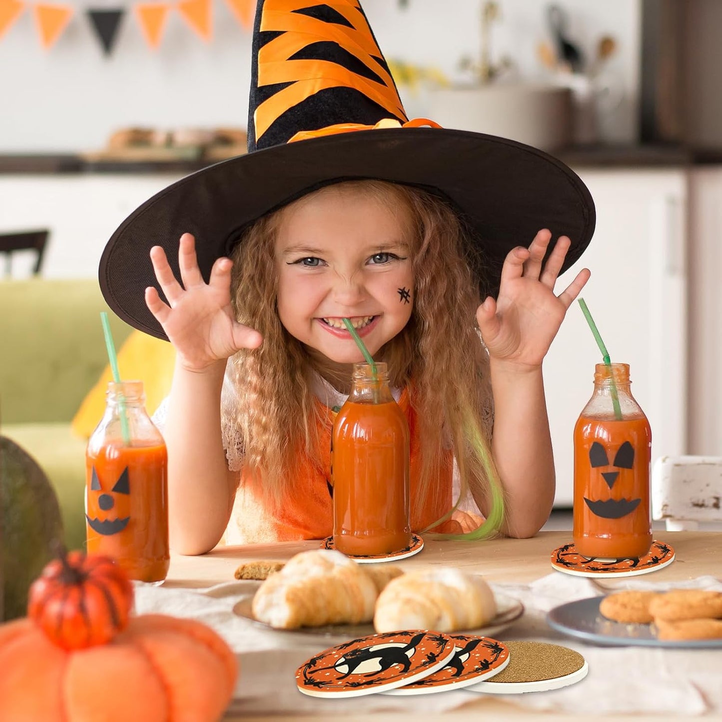 Generic AnyDesign 4Pcs Halloween Coasters Black Cat Ceramic Drink Coasters Vintage Cup Mats for Home Kitchen Table Protection Housewarming Gift