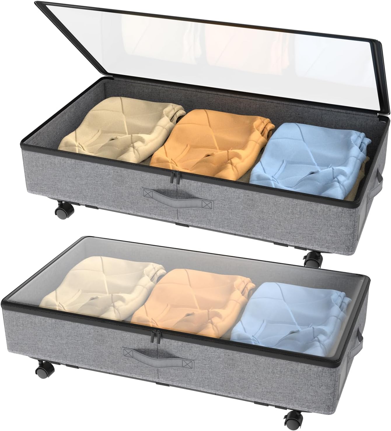 IUI Under Bed Storage with Wheels, 50L Capacity Under Bed Storage Containers, Under Bed Clothes Storage Containers with Clear Lid, Under Bed Storage Bins for Clothes,Shoes,Books,Toys,Gray,2 Pack