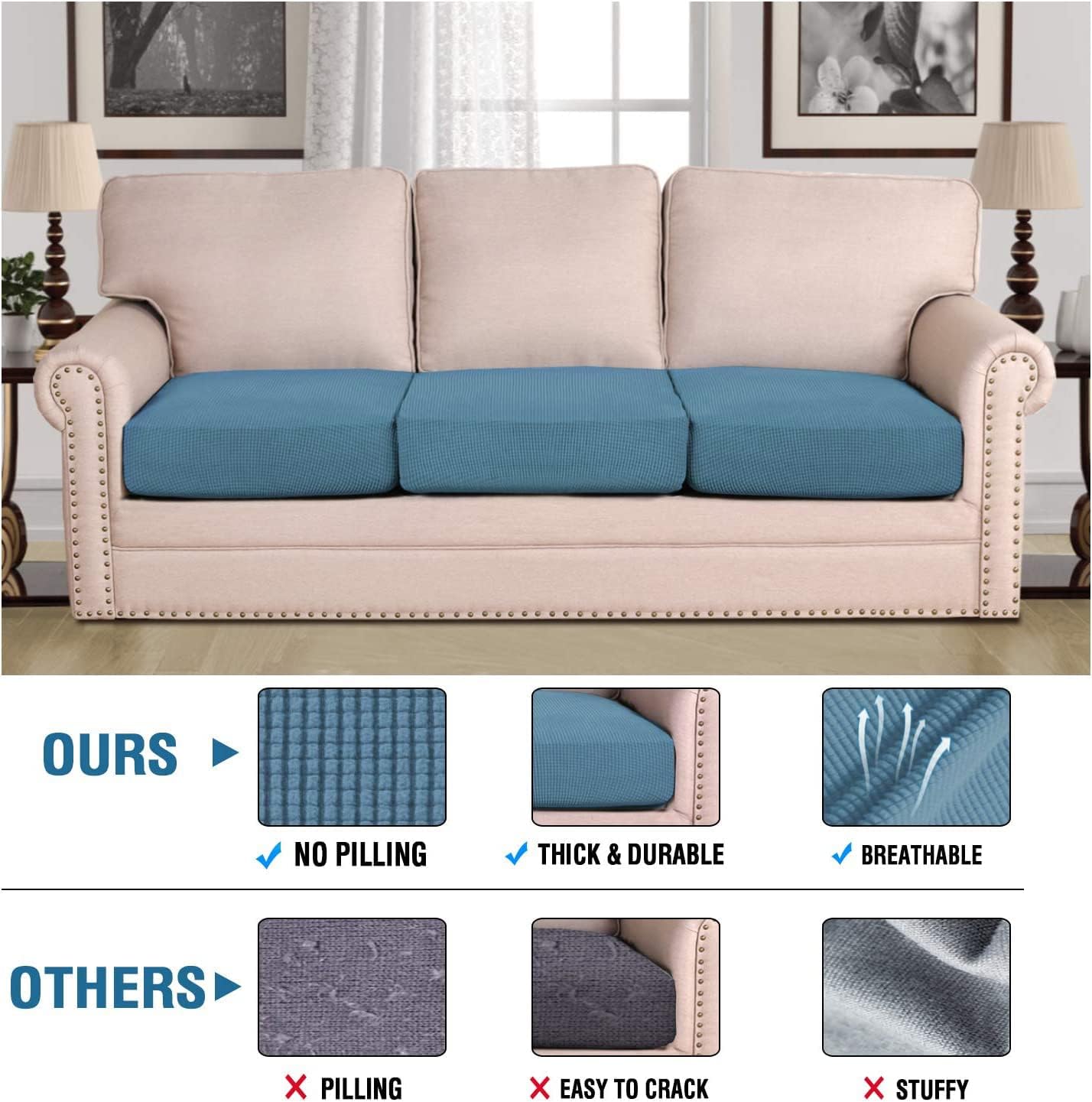 H.VERSAILTEX Super Stretch Individual Seat Cushion Covers - Sofa & Couch Cushion Slipcover Sets - Thick Jacquard Textured Twill Fabric (3 Piece XL Sofa Cushion Covers, Dusty Blue)