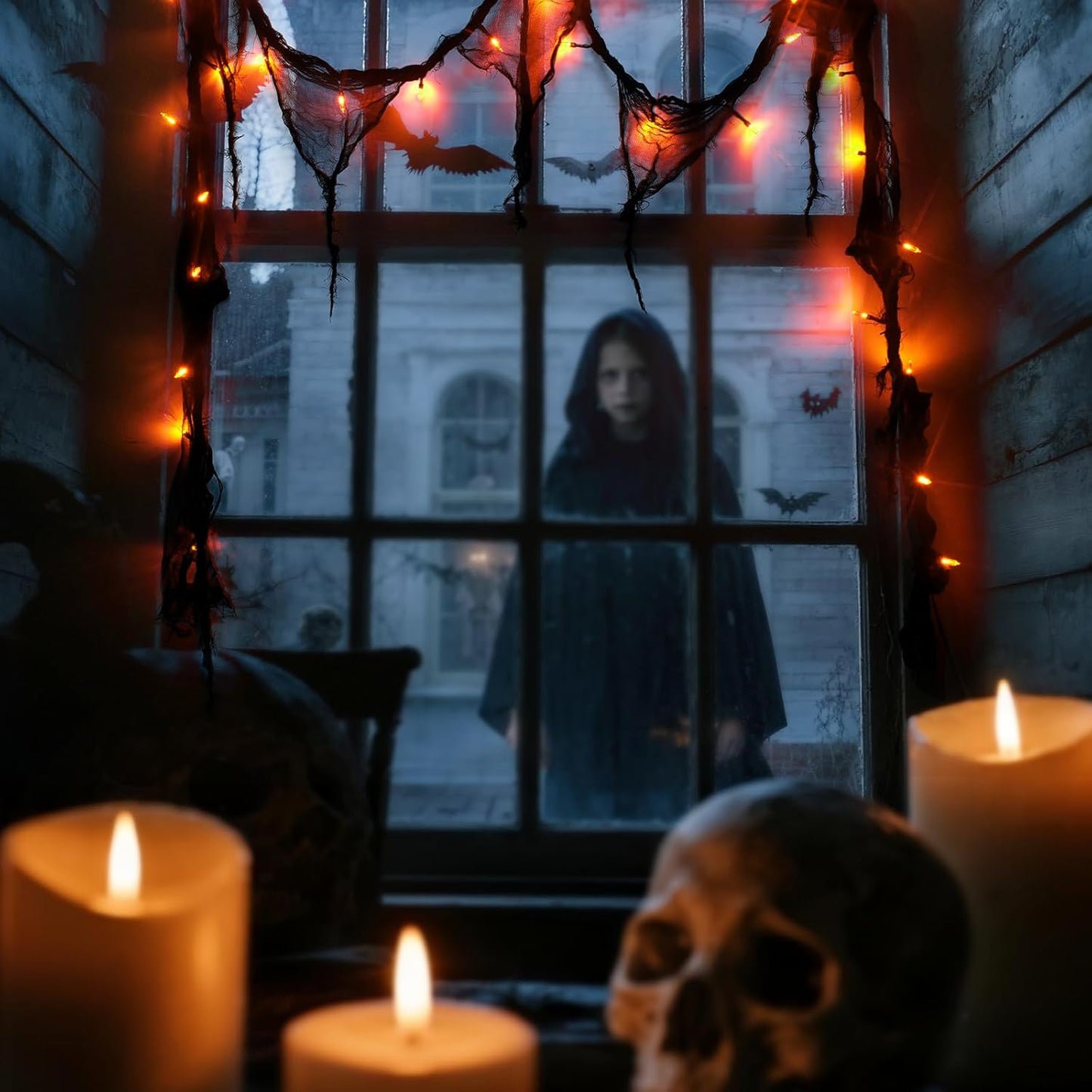 Halloween Horror Atmosphere Lights, Orange&Purple LED String Lights with 9.9FT Creepy Black Gauze, Battery Powered with Timer & 8 Flashing Modes (Orange)