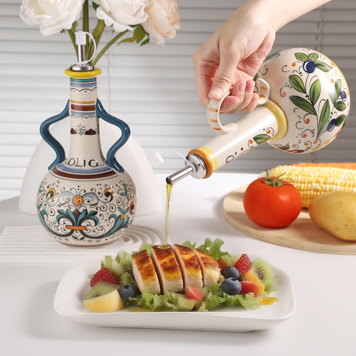 Ceramic Olive Oil Dispenser Bottle 23oz with Handles, Hand Painted Multi-Use Oil Cruet & Flower Vase, Decorative Stoneware Kitchen Cruet with Stainless Steel Spout for Oils, Sauces, Vinegar (C)