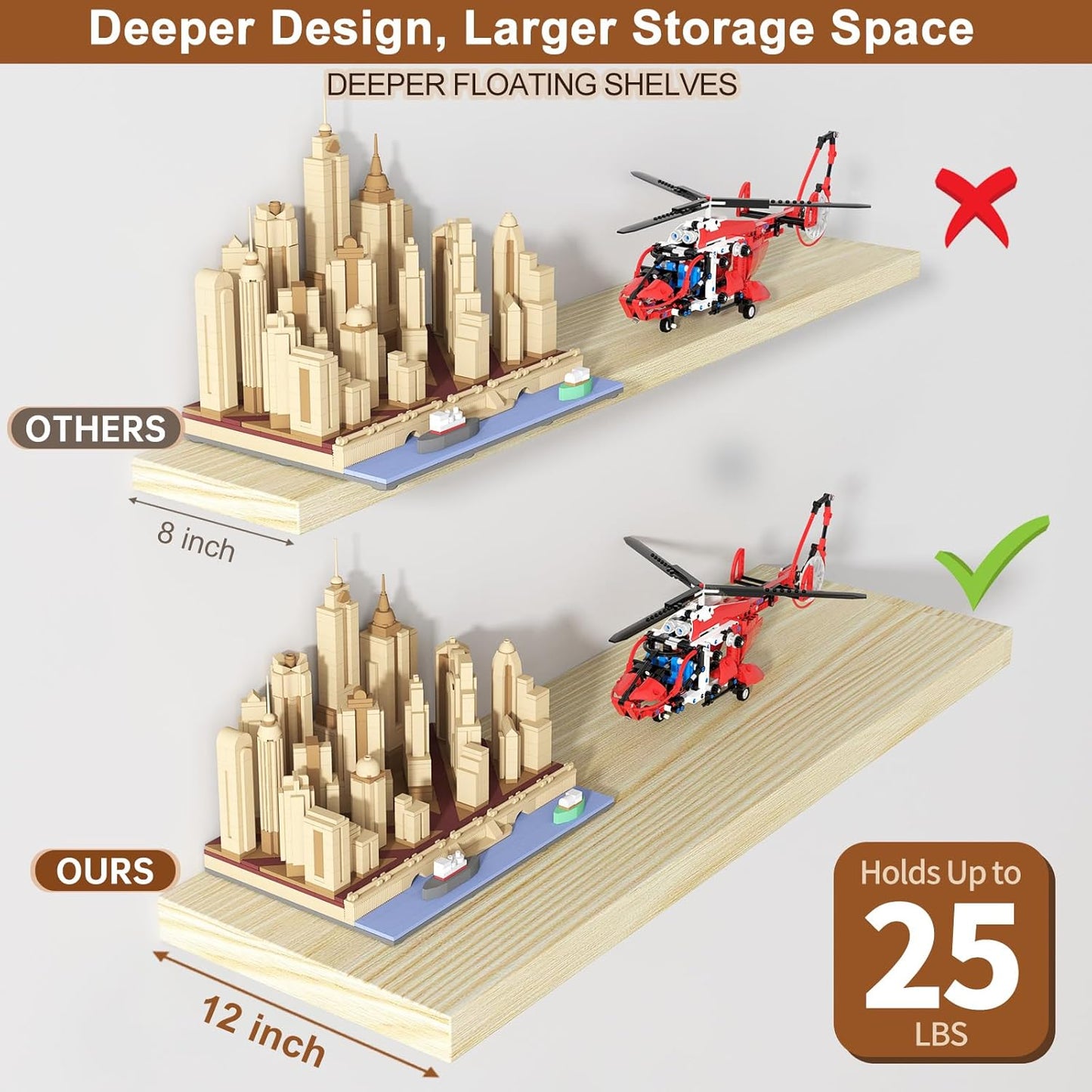 48 Inch Floating Shelf 1 Pack Large Floating Shelves for Wall No Drilling Accessories Included Deep Wall Shelves for Living Room Kitchen Farmhouse 48" W x 12" D x 1.2" Oak