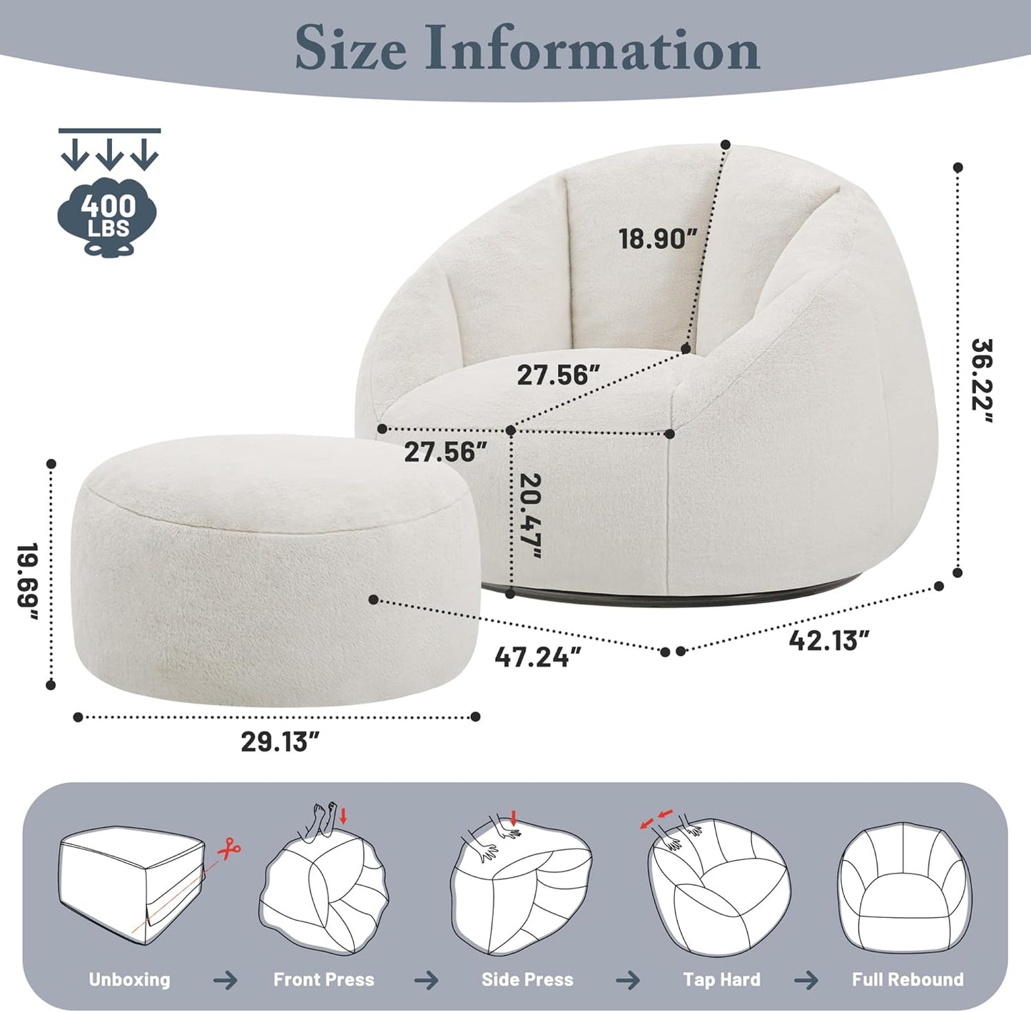 Giant Bean Bag Swivel Chair for Adults - Comfy Plush Round Shell Soft Accent Chaise Lounge Indoor Chair, Oversized Cozy Floor Sofa for Living Room, Bedroom & Game Rooms, Beige