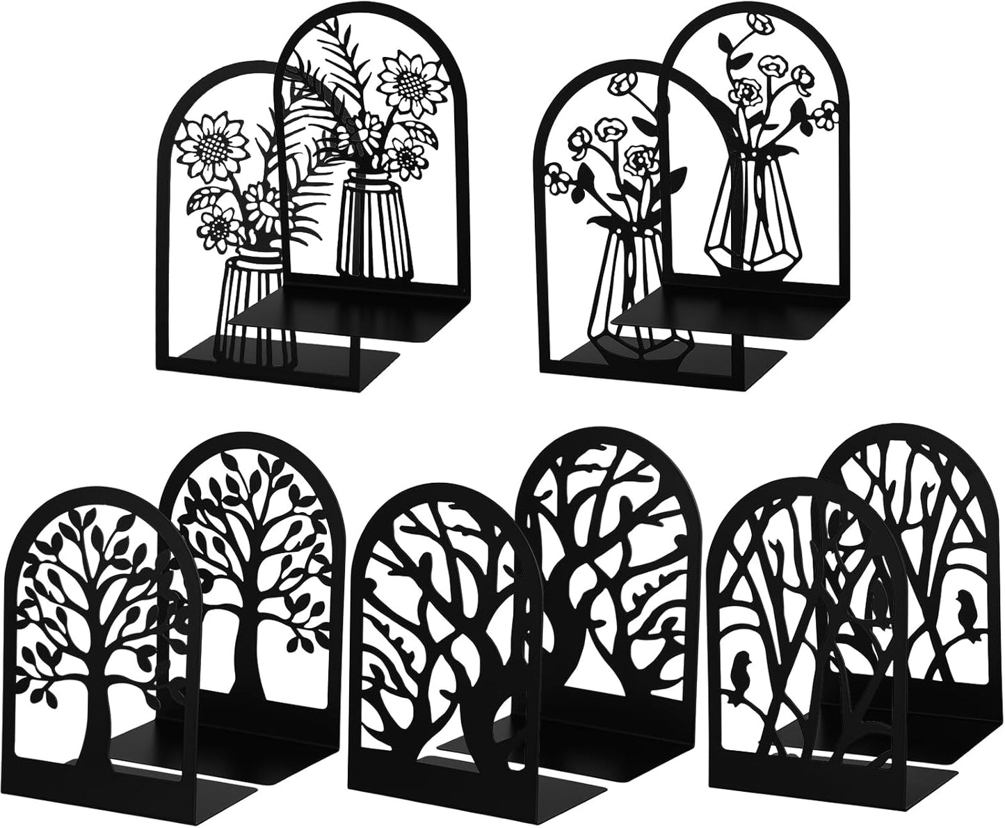 Faccito 5 Pairs Book Ends, Black Metal Bookends for Shelves Decorative, Non Skid Tree Stopper and Flower Shelf Holder for Heavy Books, Home Office School Supplies(Modern)