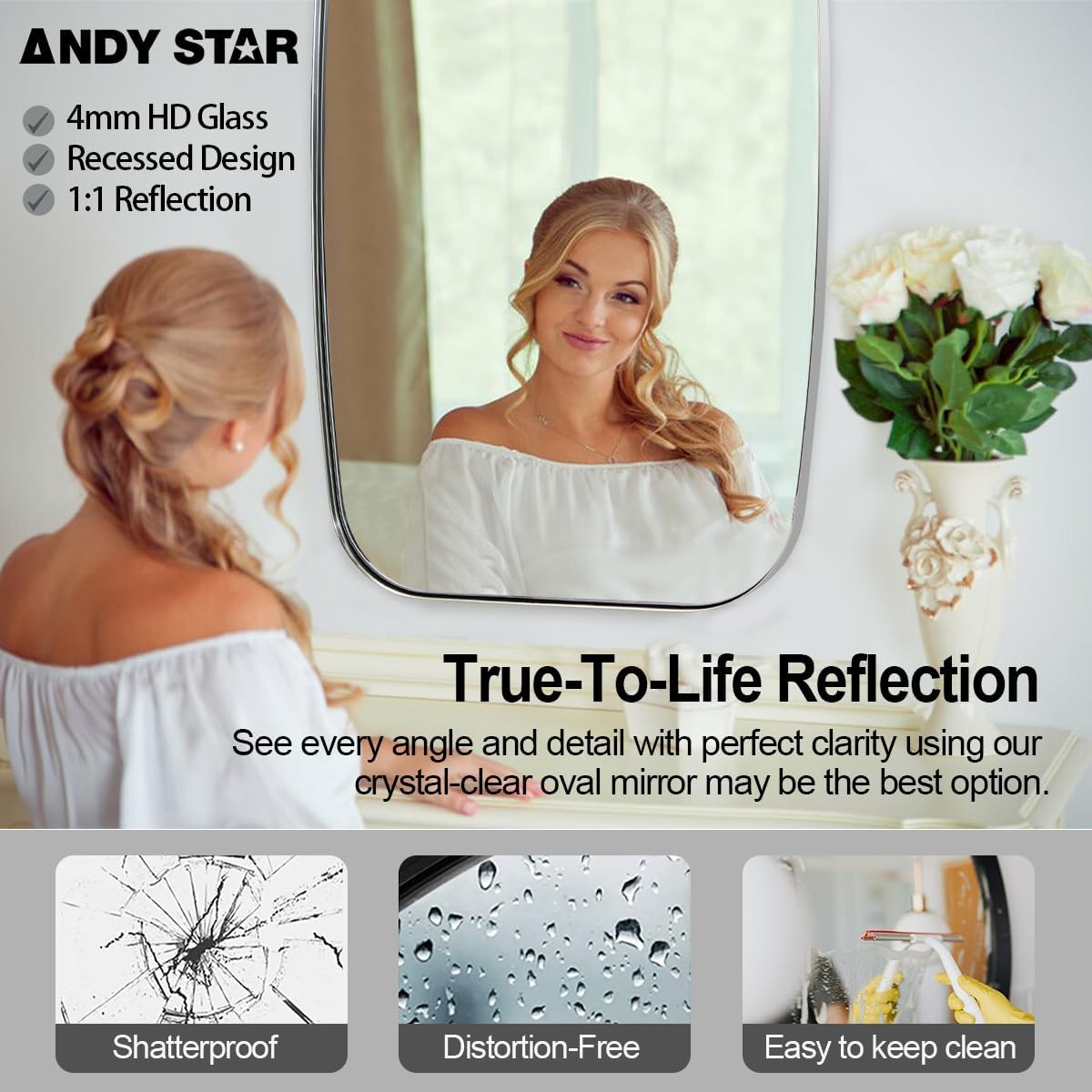 ANDY STAR Chrome Bathroom Mirror, 24x36 Inch Polished Chrome Oval Mirror for Bathroom with Stainless Steel Metal Frame, Oblong Mirror for Living Room, Entryway