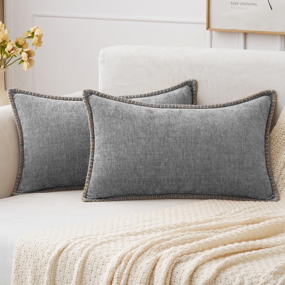 MIULEE Pack of 2 Couch Throw Pillow Covers 12x20 Inch Dark Gray Farmhouse Decorative Pillow Covers with Stitched Edge Soft Chenille Solid Dyed Spring Pillow Covers for Sofa Bed Living Room