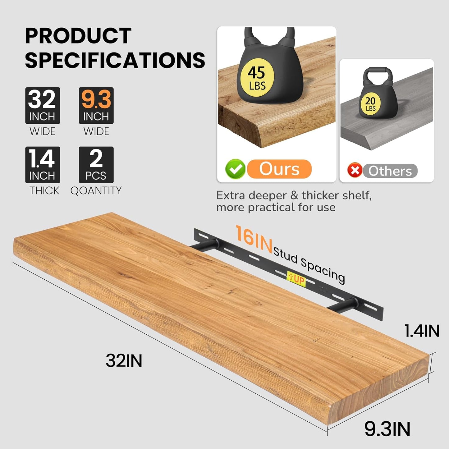 Fun Memories Floating Shelves for Wall, Live Edge 32" W x 9.3" D x 1.5" H Wood Floating Shelf, Set of 2 with Invisible Heavy-Duty Metal Bracket, Deep Floating Shelf for Living Room Kitchen, Natural