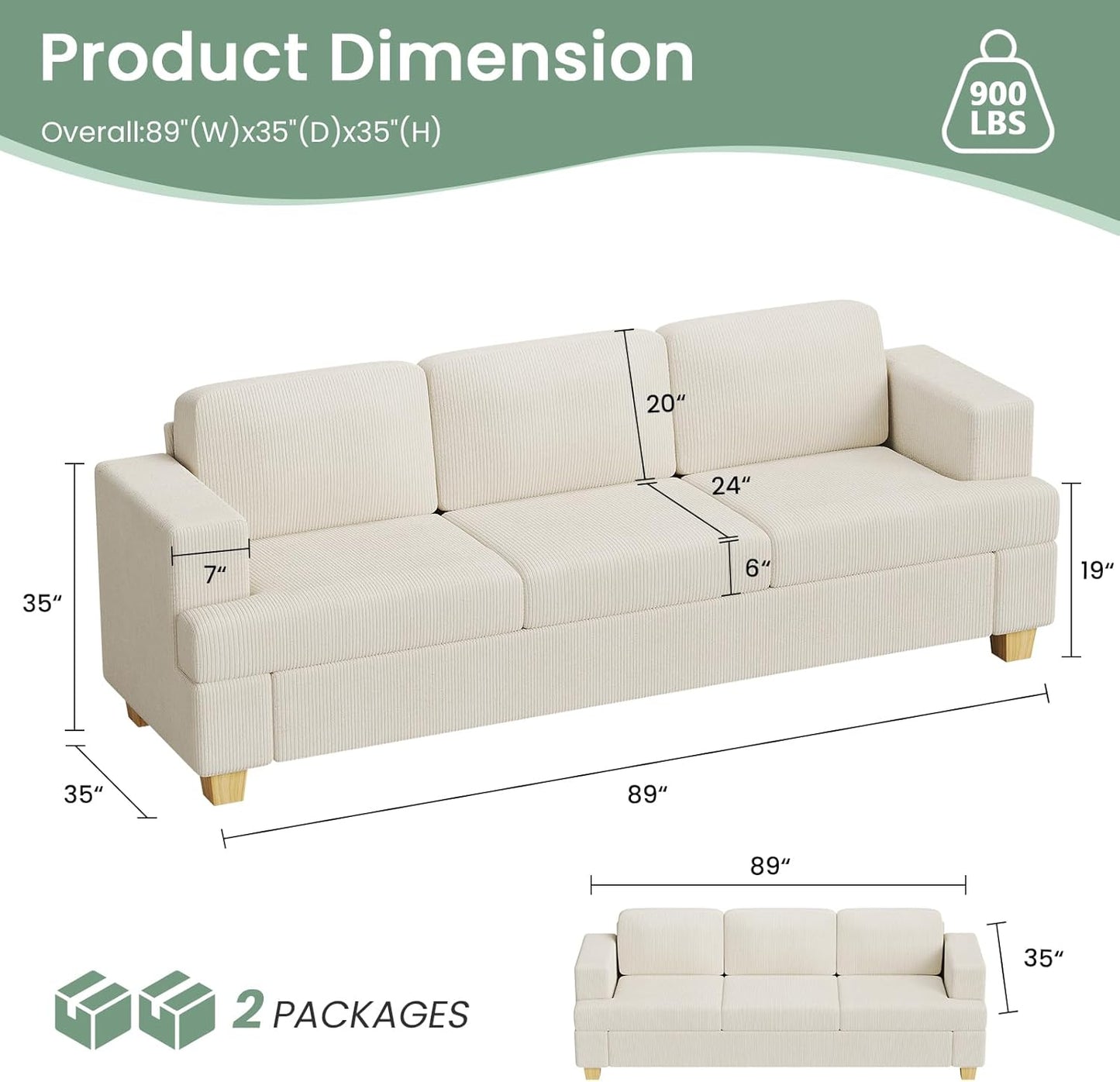 89" White Corduroy Sofa for Living Room, 3 Seater Cloud Couch, Deep Seat Floor Couch for Bedroom, Futon Modern Sofa Bed, White Corduroy