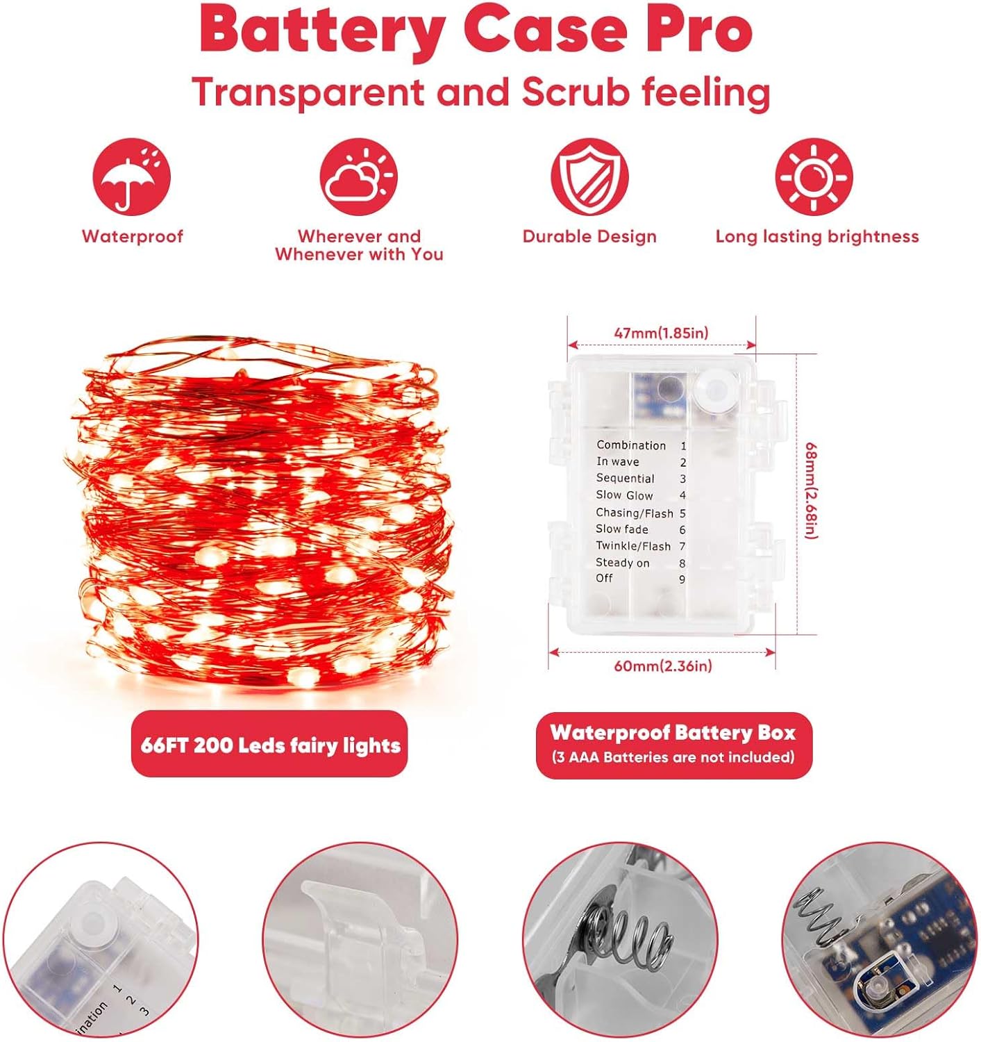 4 Pack 65.6 Ft. Battery Operated Outdoor String Lights with Remote & Timer, LED Red Fairy Lights, Waterproof Twinkle Lights for Bedroom, Dorm, Mason Jar, Wedding, Party, Christmas