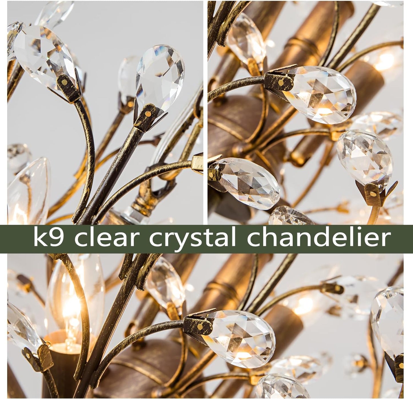 Vintage Farmhouse Chandelier 8-Light Crystal Branch Pendant Lights for Living Room Dining Room Porch Kitchen Island Bedroom Restaurant, Aged Bronze