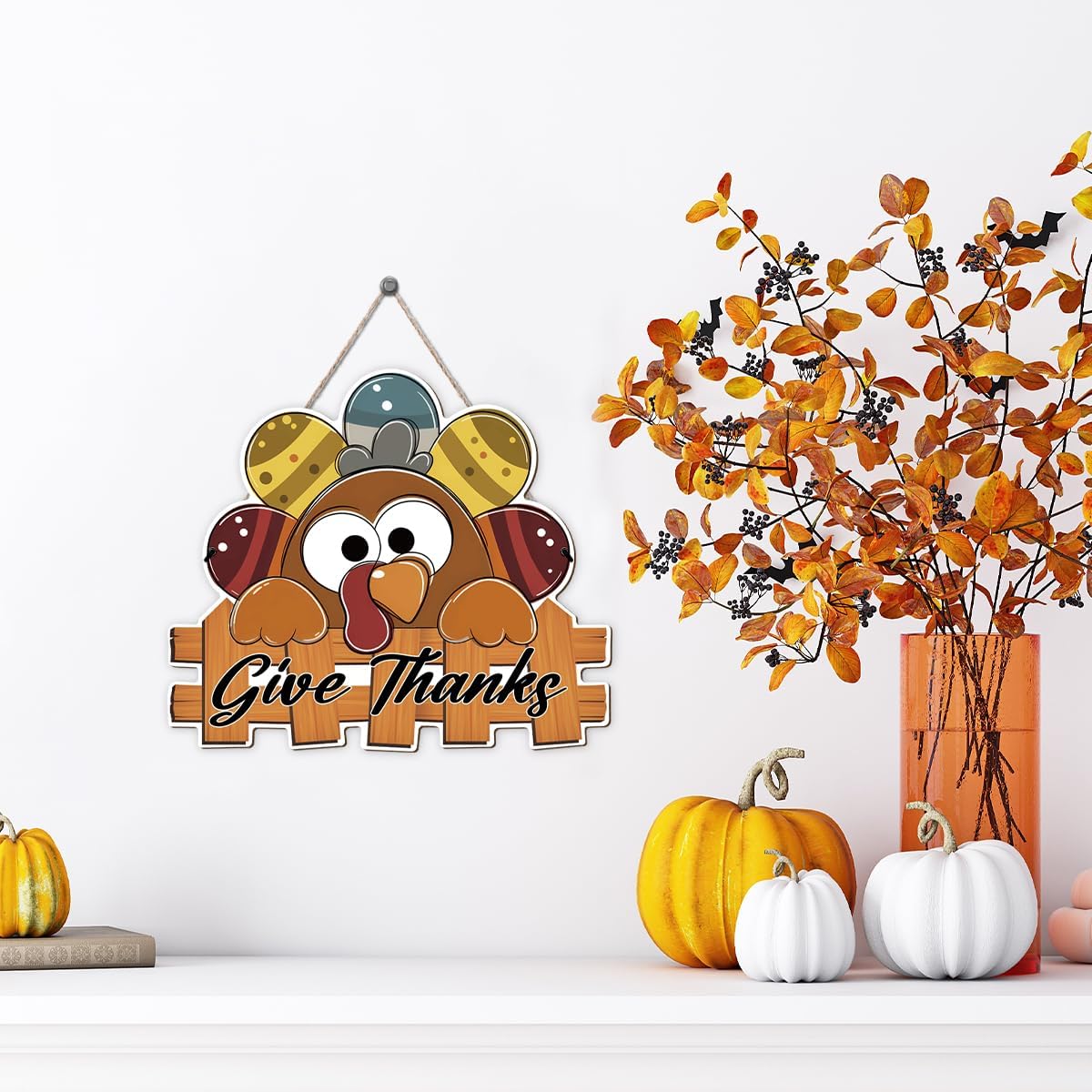 Give Thanks Sign Turkey Front Door Decor Thanksgiving Day Wood Door Hanger, Fall Wooden Thankful Wreath Hanging Decoration for Outdoor Outside Porch, Housewarming Gift