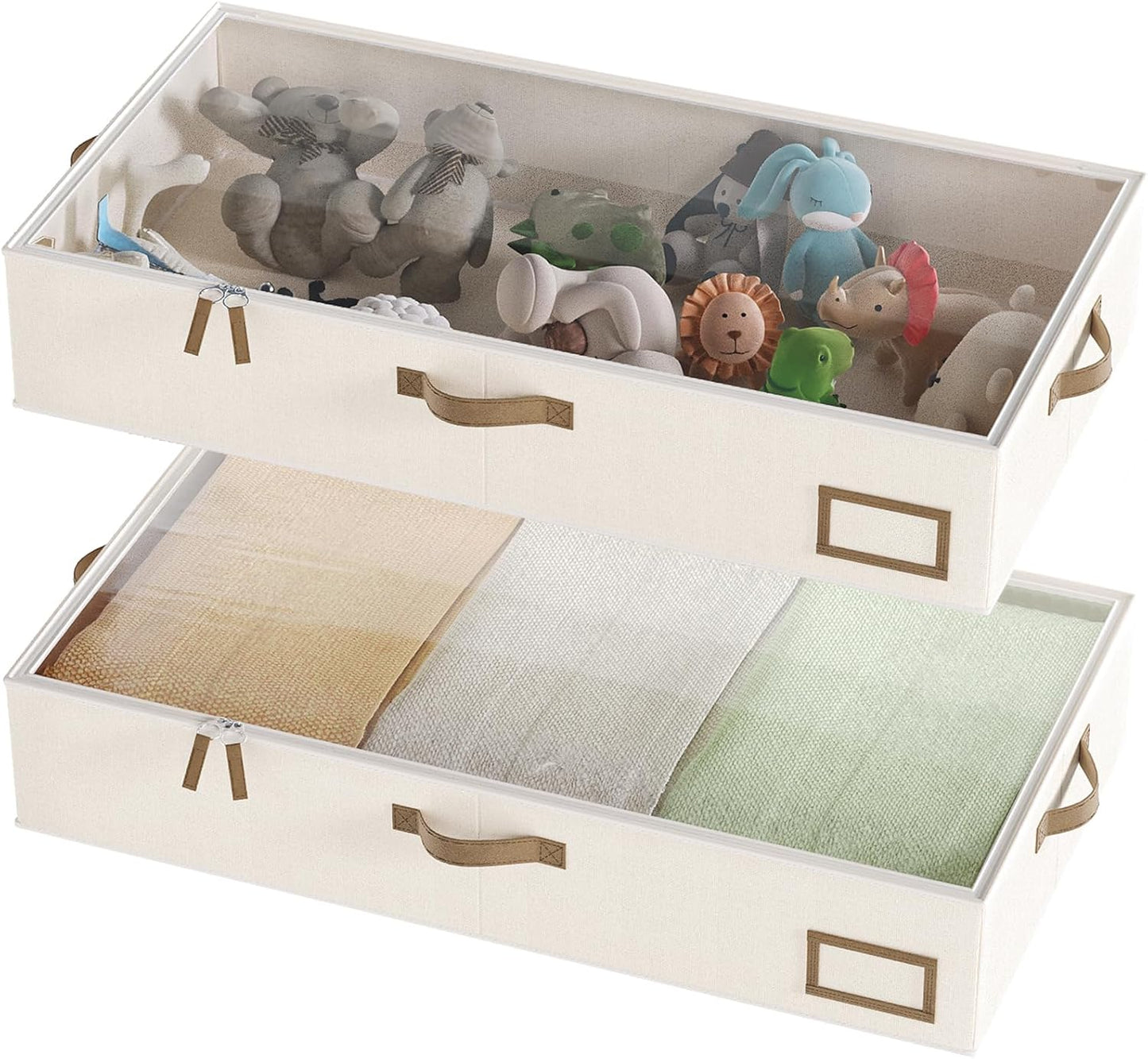 Under Bed Storage Containers, 2-Pack Underbed Storage Box, Collapsible Clothes Storage Bins with Handles and Lid, Medium Under Bed Organizers for Shoe, Blanket, Toy, Pillow, Sheet, Beige