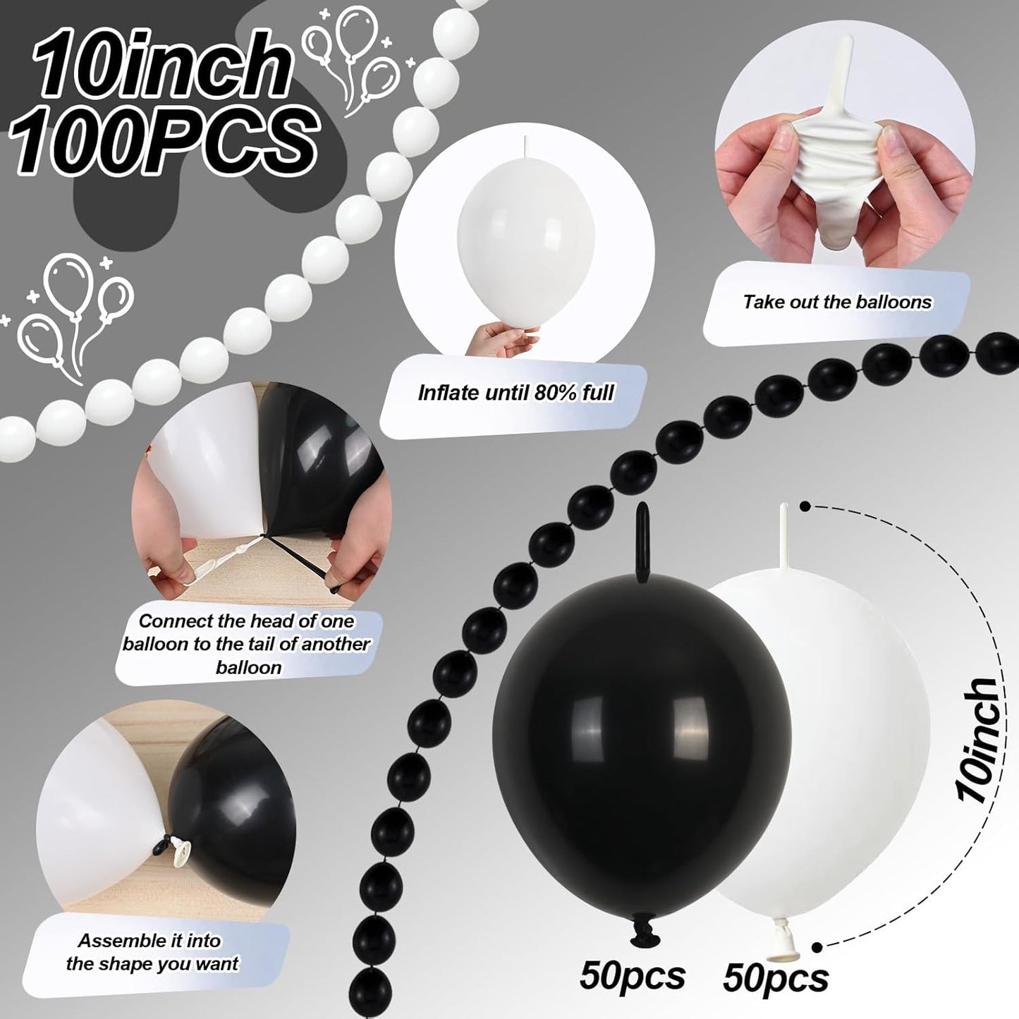 Black and White Quick Link Balloons, 100PCS Latex Linking Balloons for Making Balloon Wall Balloon Arch Balloon Chains and Wedding Birthday Baby Shower Engagement Graduation Party Decorations (10inch)