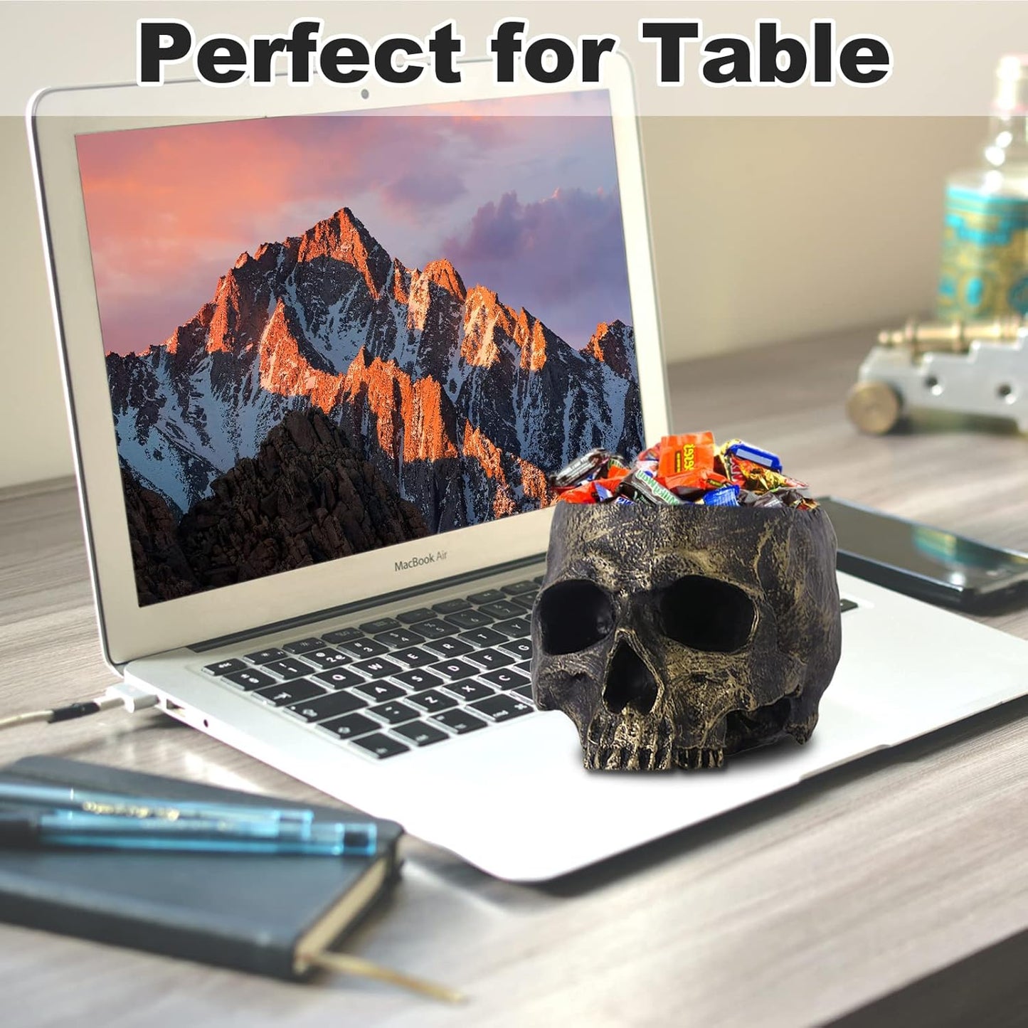 Halloween Skull Candy Dish- Deep Skull Head Halloween Candy Bowl Holder Artificial Resin Skulls Decor Indoor Outdoor Table Centerpieces Flower Pot Plant Office Pen Holder Desktop Ornaments - Bronze