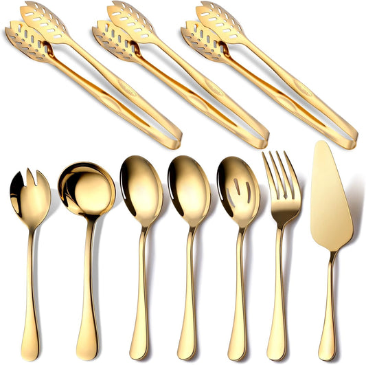 Gold Serving Utensils, OGORI 10-Piece Polished Stainless Steel Gold Serving Utensils Set Include Serving Spoons, Slotted Serving Spoon, Serving Tongs, Serving Fork, Salad Fork, Soup Ladle, Pie Server
