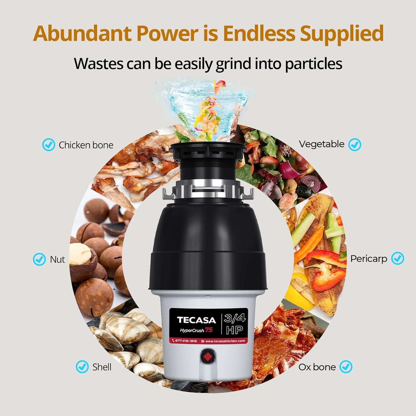 3/4 HP Corded Garbage Disposal for Kitchen Sinks, TECASA Continuous Feed Food Waste Disposer, Sound Reduction, Power Cord Included, Grey and Black - HyperCrush 75