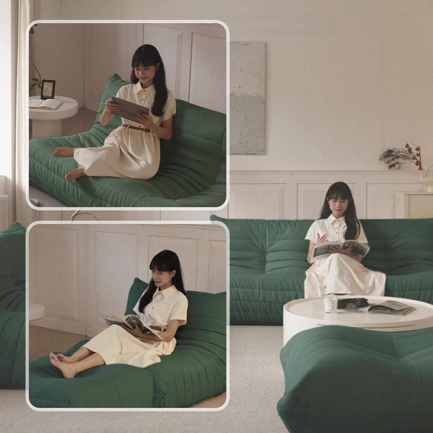 Luxury Sofa Couch Chair, Lazy Floor Seating, Fireside Bean Bag Chair, Ergonomic Tatami Sofa Lounger for Living Room, Bedroom, Office, Loveseat, Green