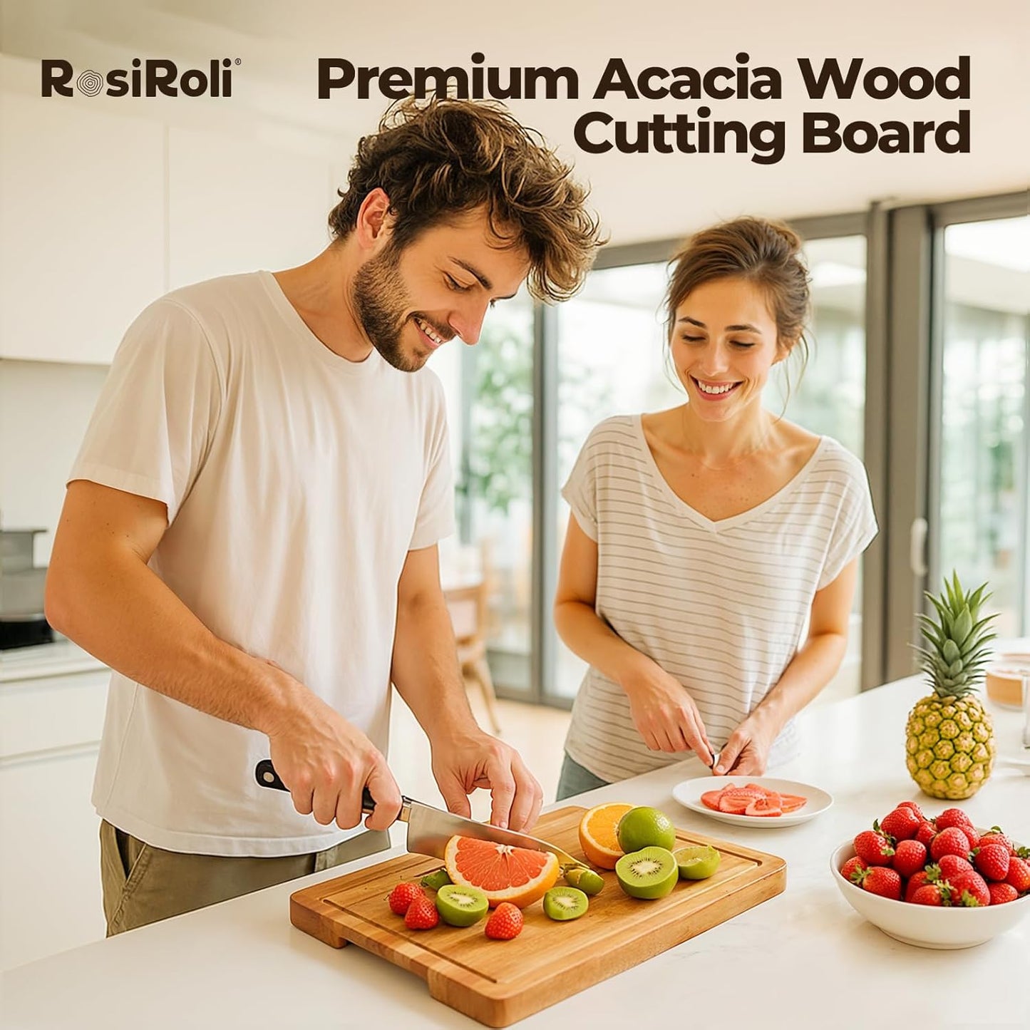 Acacia Wood Cutting Board for Kitchen - 0.8 inch Thick Wood Charcuterie Cheese Board with Side Handles and Juice Grooves, Wooden Chopping Block for Meat and Veggies, 11.5x7 inch