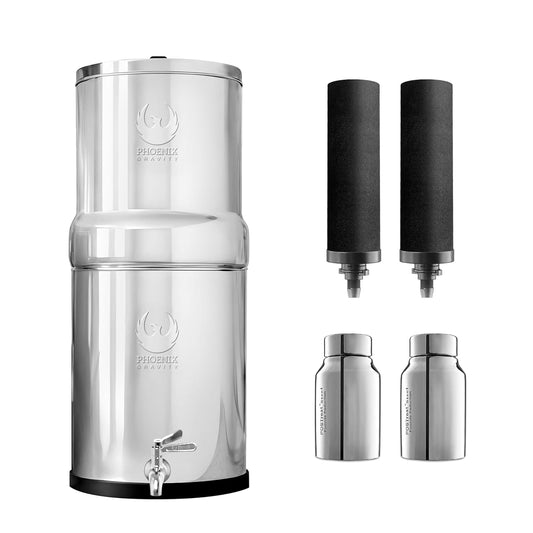 3.25 Gallons NSF Certified AISI 304 Stainless Steel Water Filter with 2 Smart Carbon (Black) Filters, 2 POSTreat Steel Fluoride Removal Elements & Free Stainless Steel Spigot